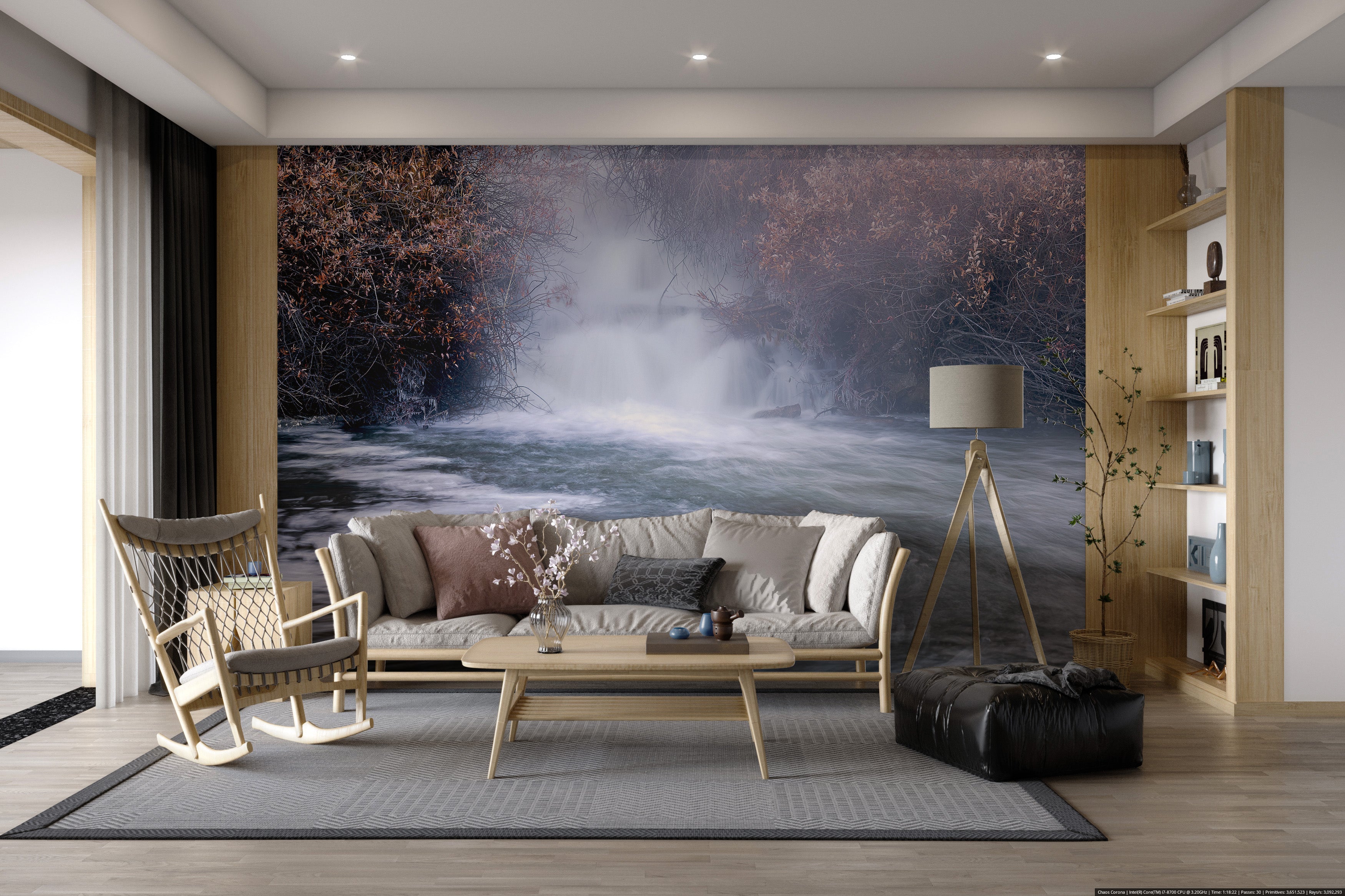 Scenic forest waterfall with mist mural
