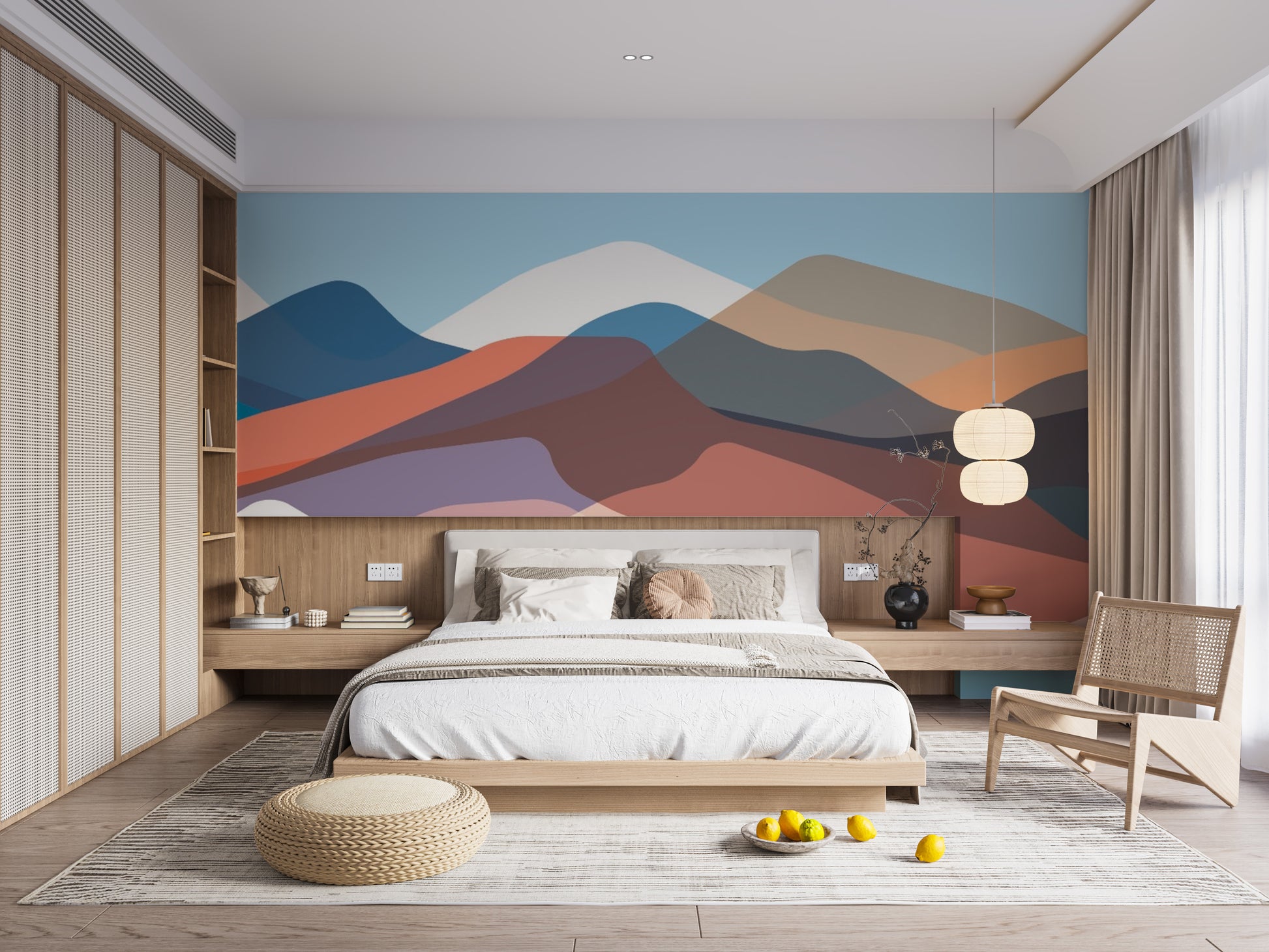 Serene abstract landscape mural featuring colorful mountains in fluid design