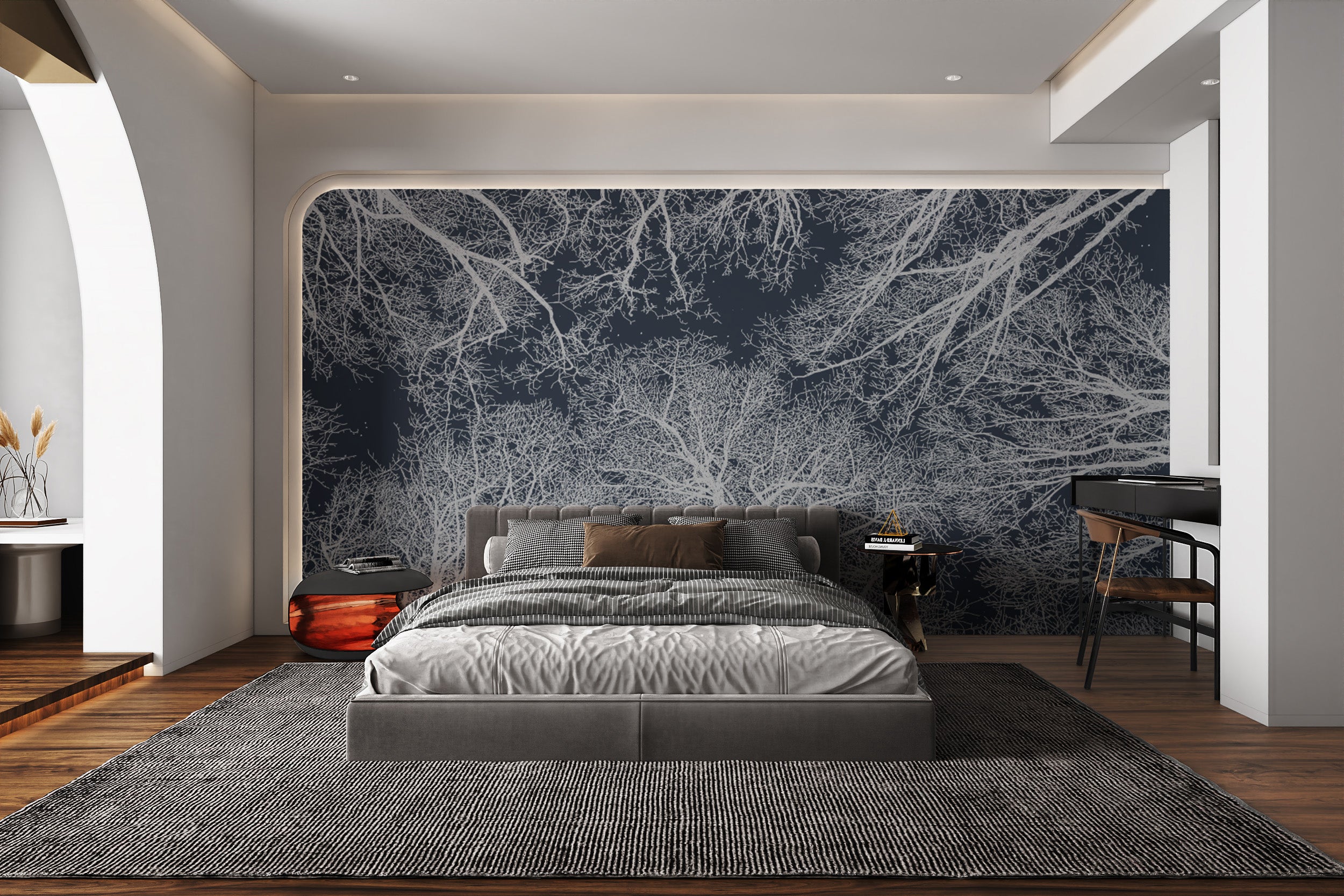 Nature-inspired wall mural with intricate tree silhouettes