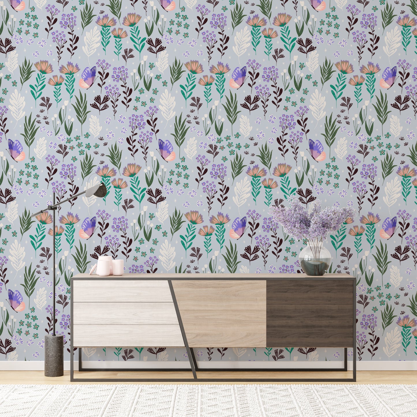 Purple wallpaper with charming meadow and butterfly motifs
