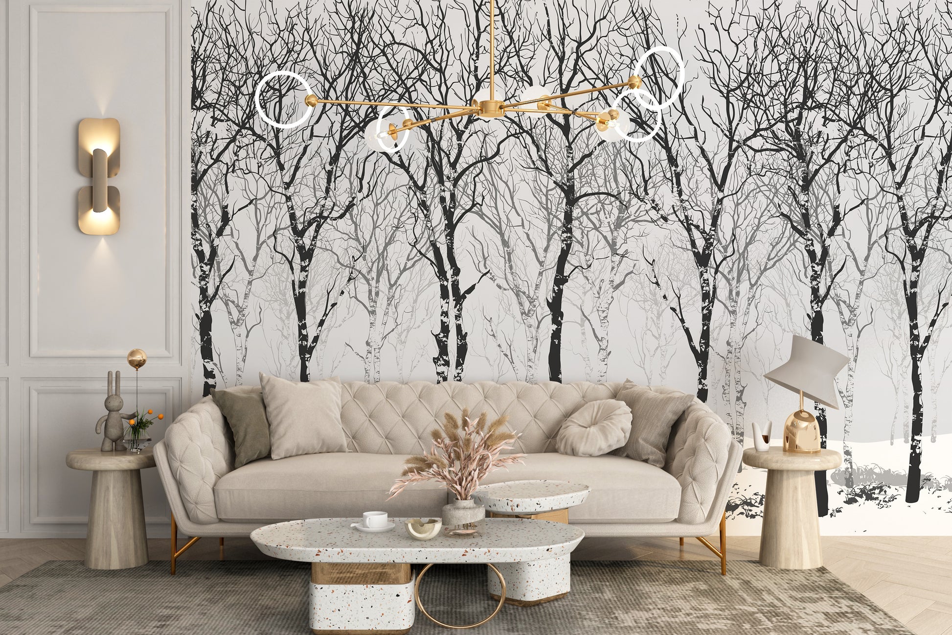 Birch tree wallpaper mural with winter tones



