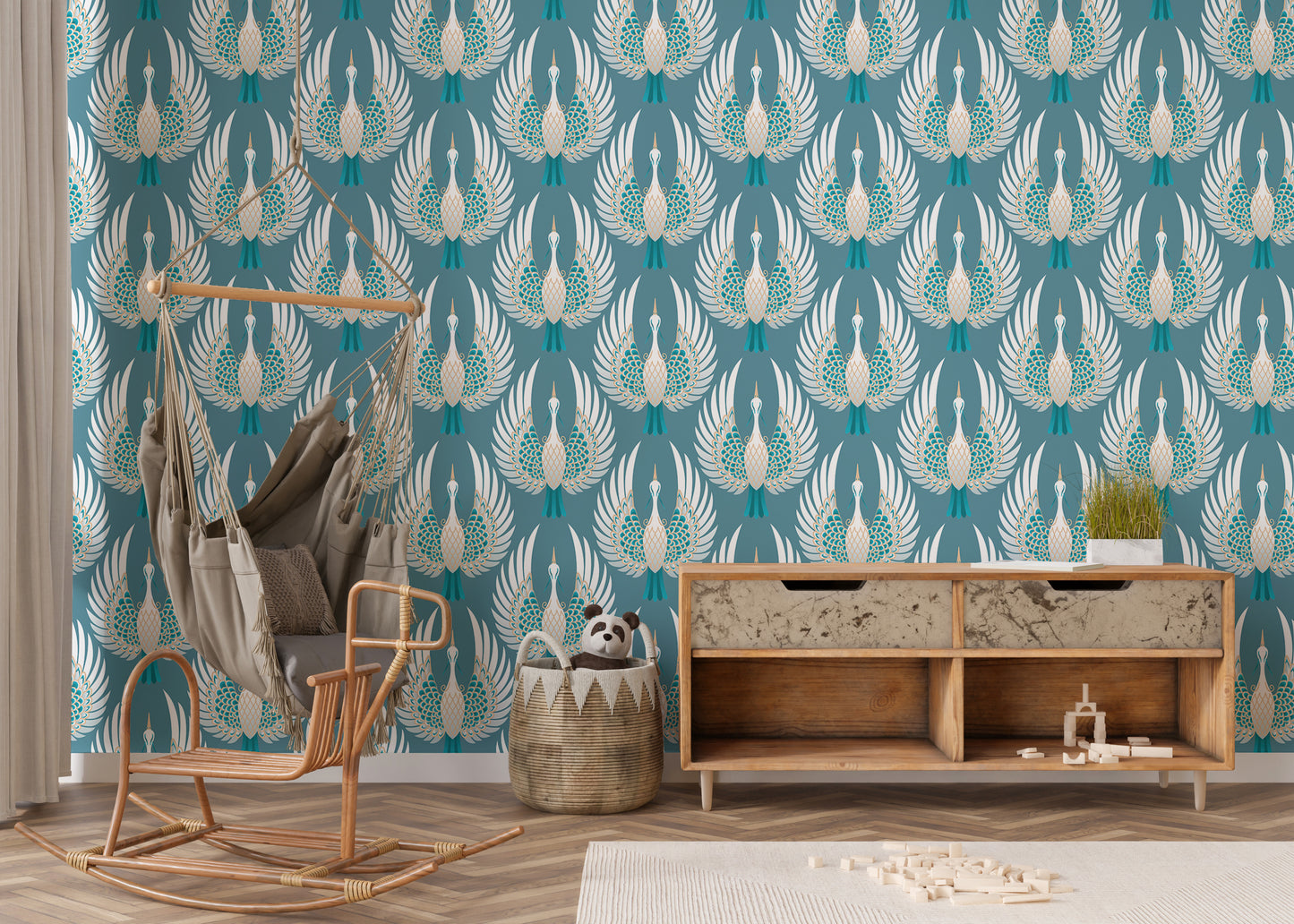 Crane bird-inspired Japanese wallpaper in blue.