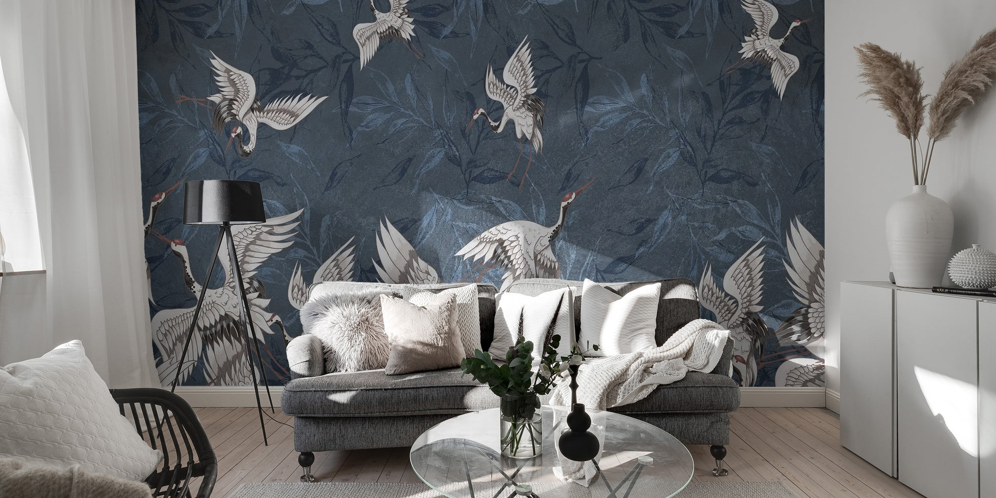 Blue grunge leaves wallpaper with cranes for serene spaces
