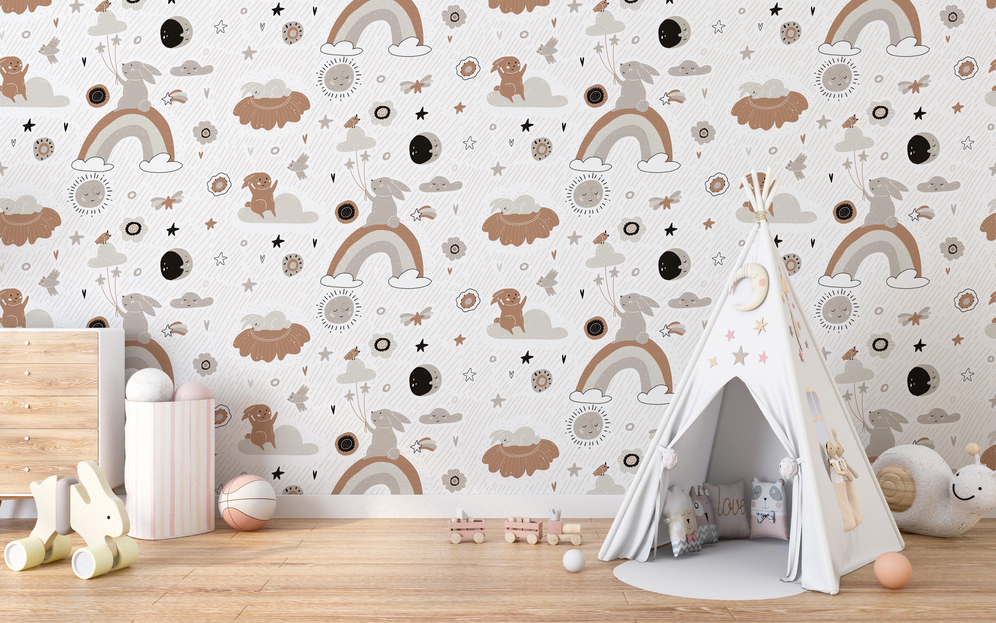 Cute boho wall mural with stars and suns
