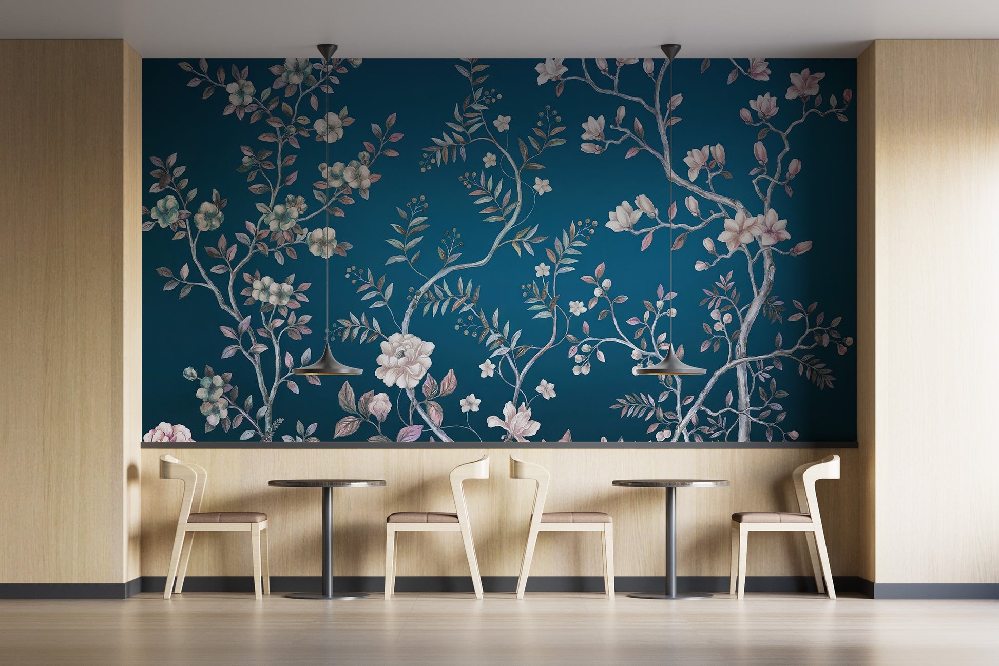 Sophisticated blue chinoiserie mural for refined interiors
