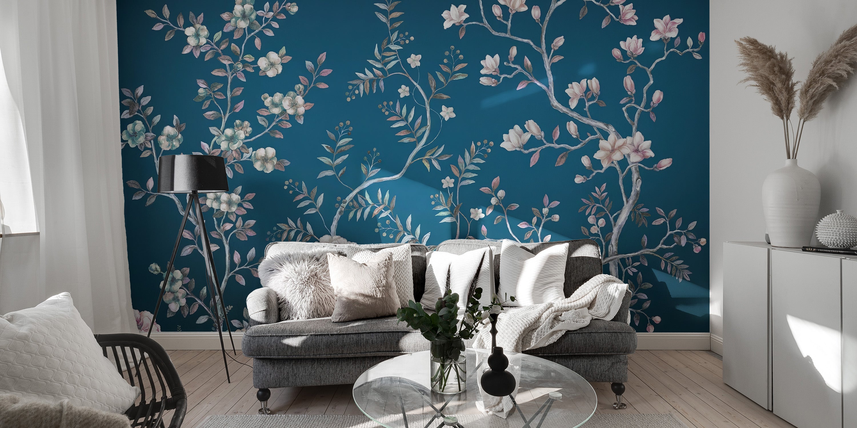 Artistic blue chinoiserie mural for classic room design
