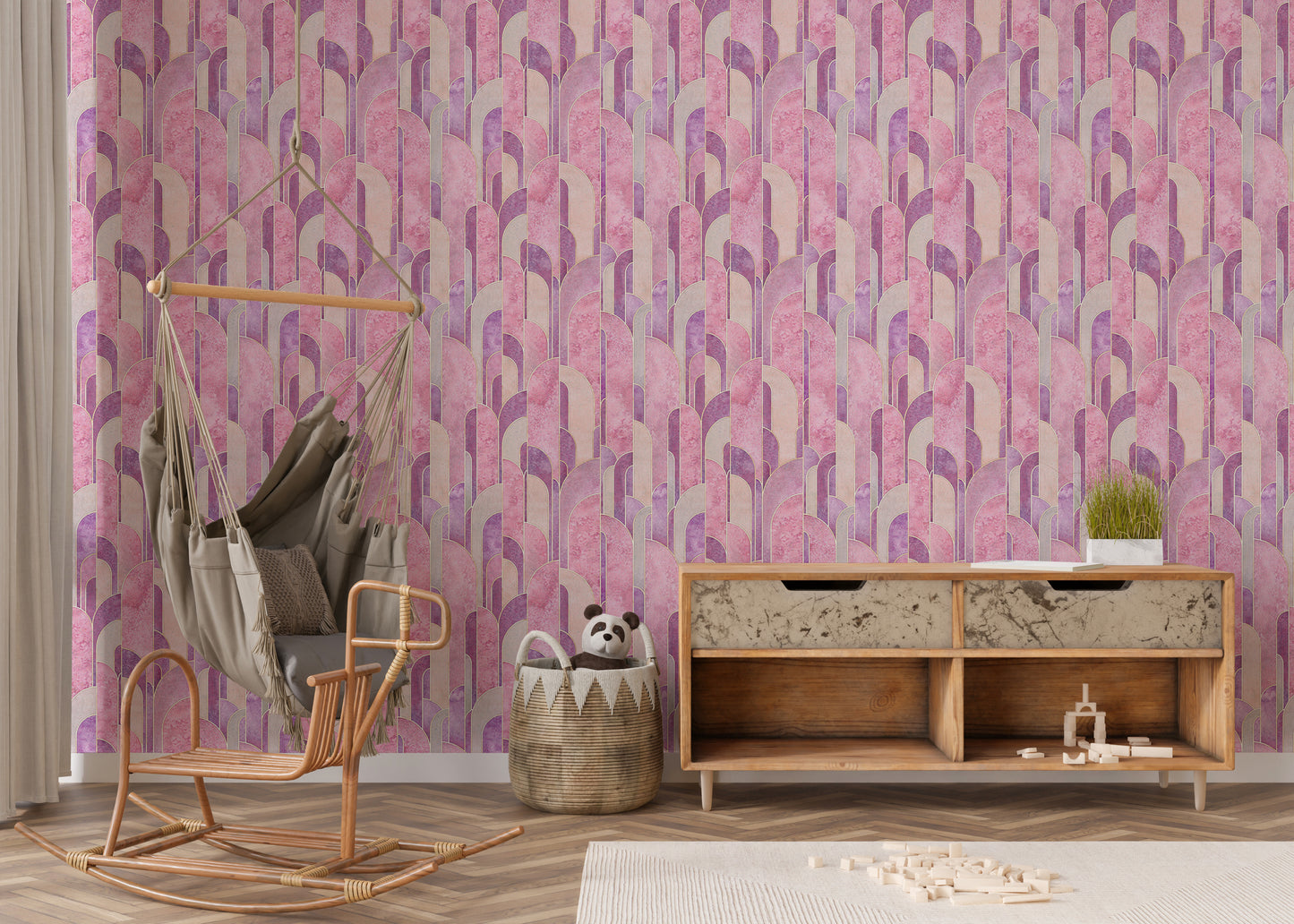 Decorative pink geometric Deco wallpaper style.