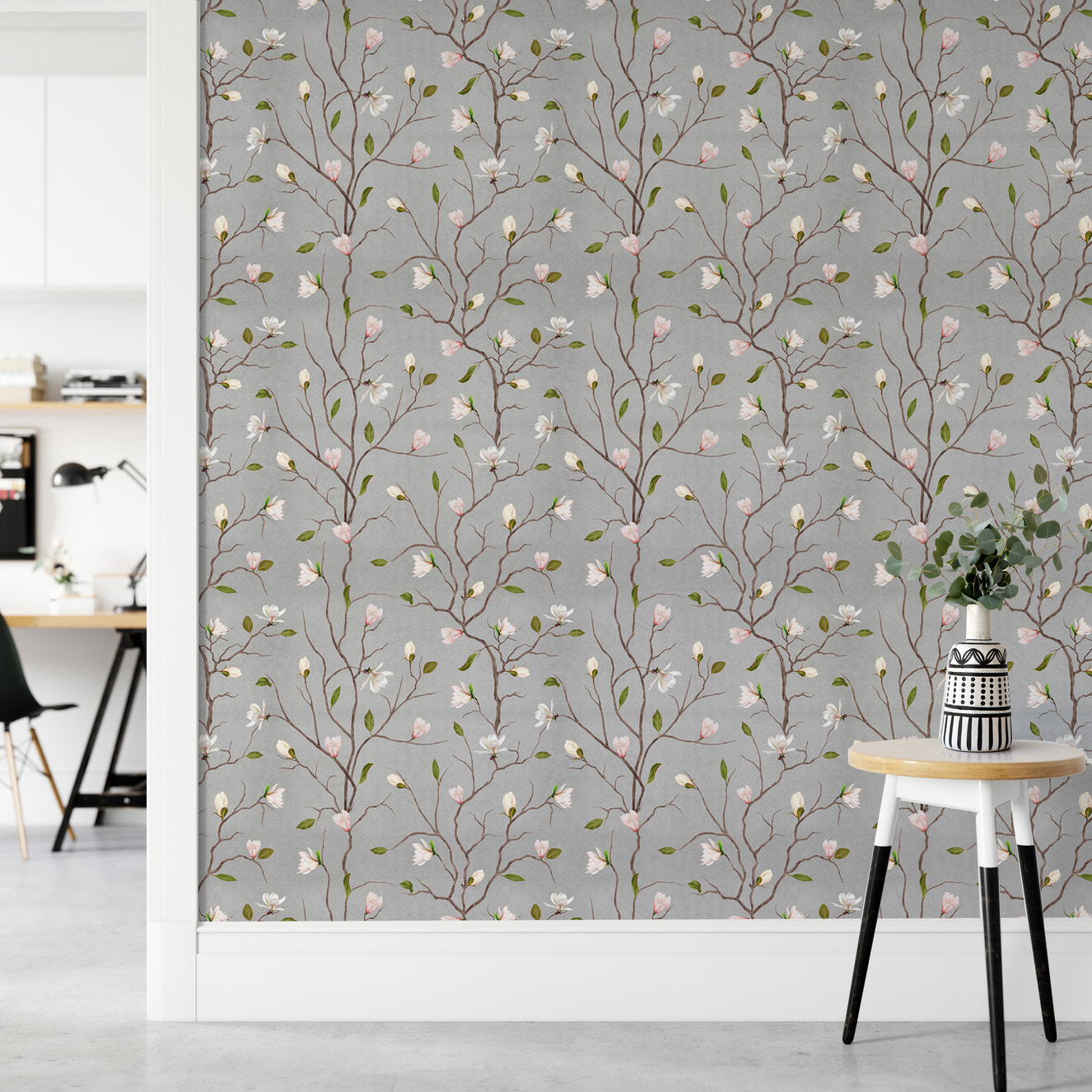 Grey Chinoiserie Pattern Magnolia Tree Flower Wallpaper