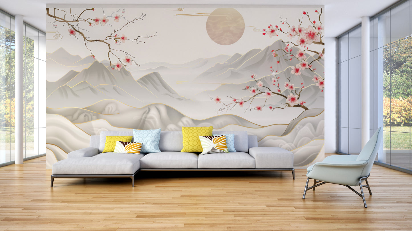 Gold accent nature wall mural with floral details
