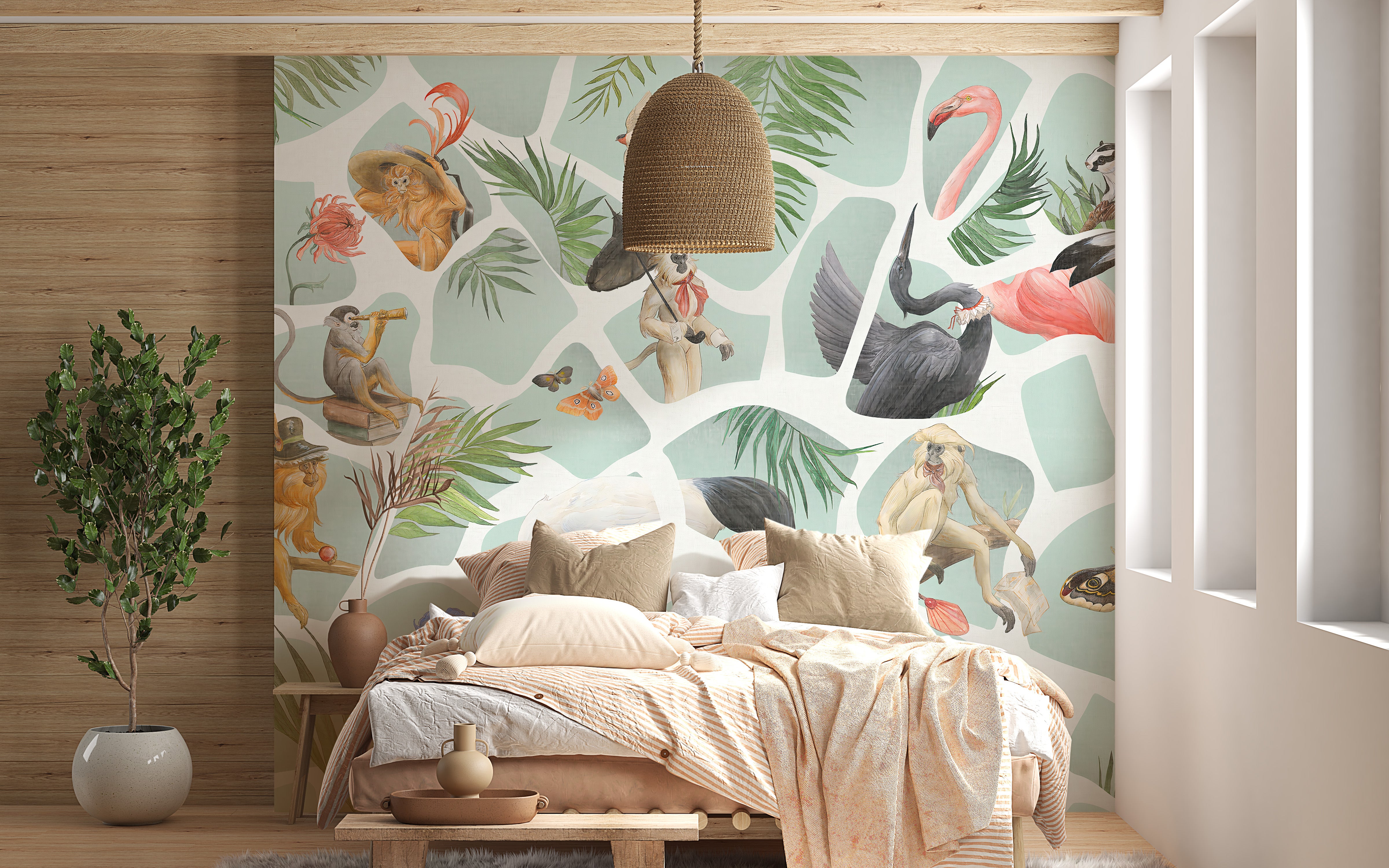 Tropical Watercolor Monkey and Birds Wall Mural