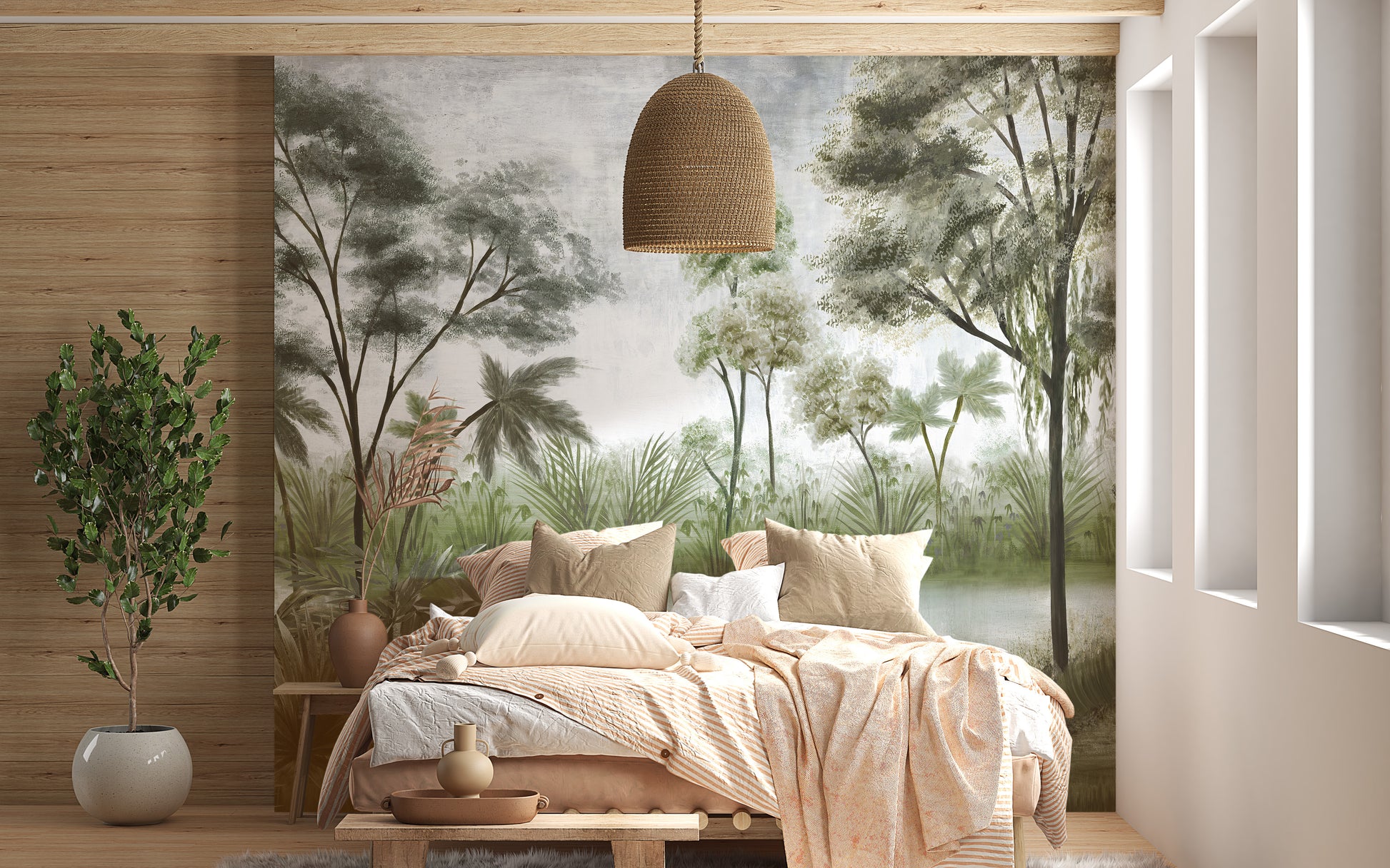 Enveloped hazy trees mural