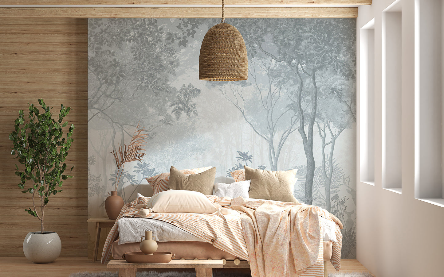 Mystical fog forest wallpaper in gray hues