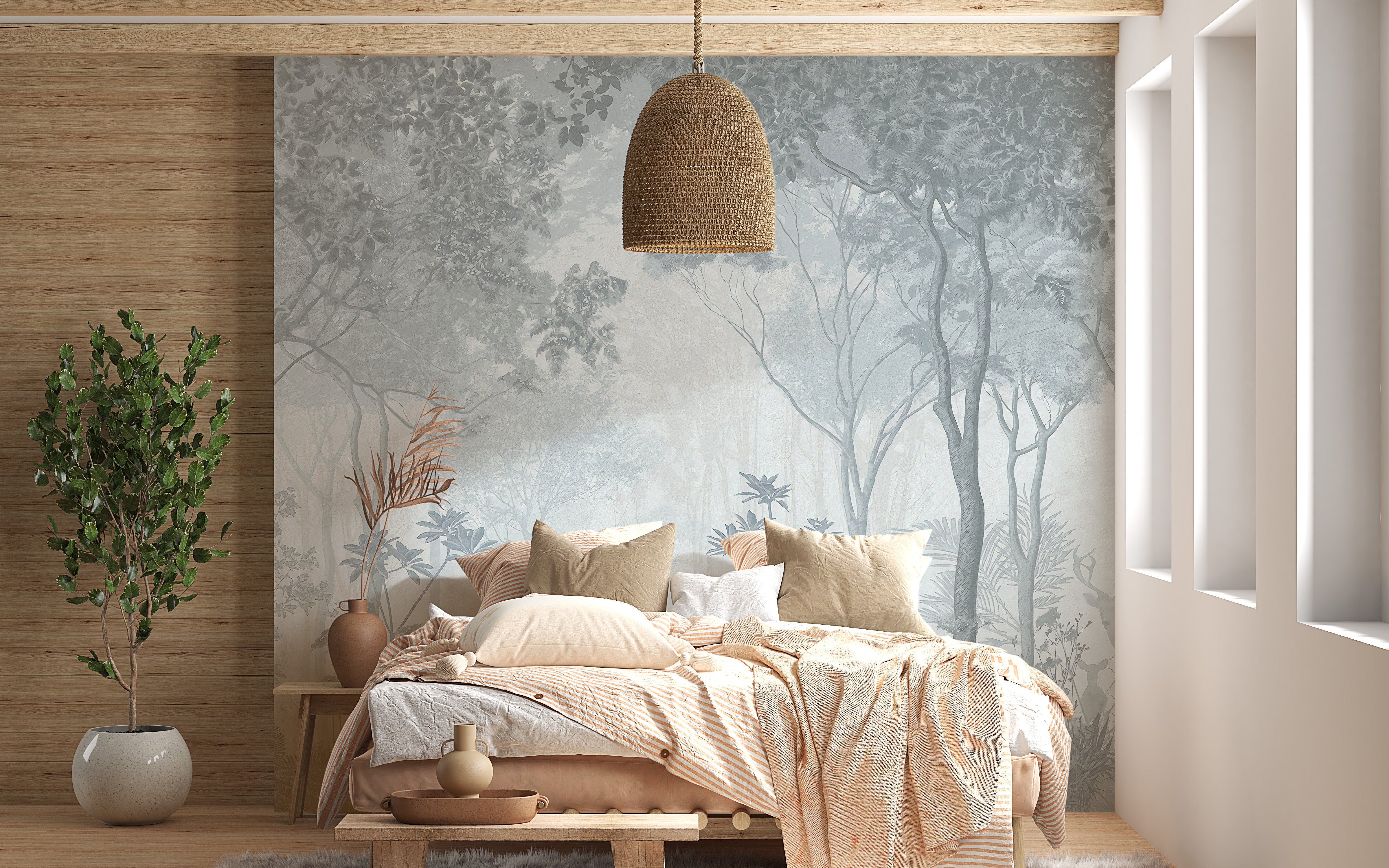 Mystical fog forest wallpaper in gray hues