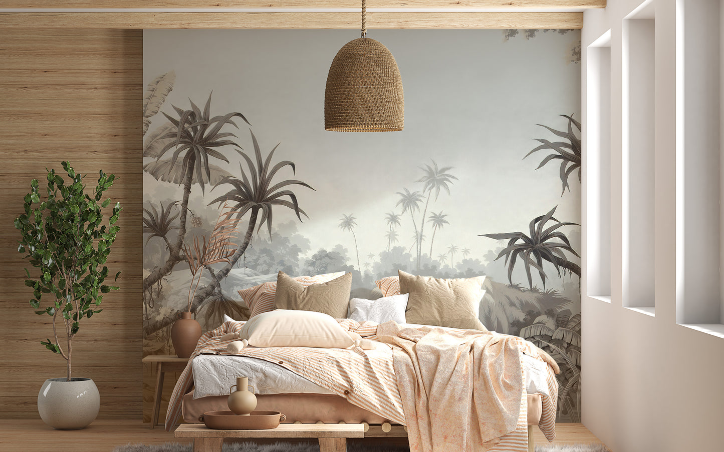 Stylish lake and palm mural for living spaces
