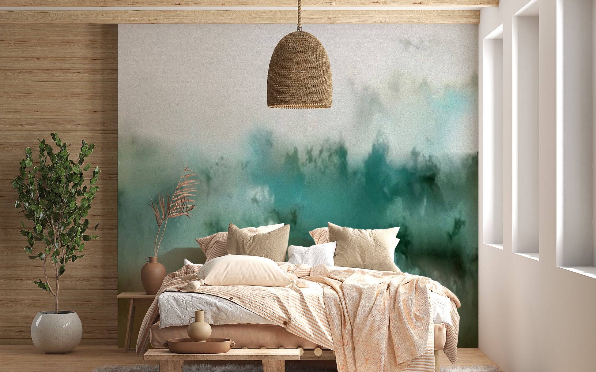 Elegant brushstrokes wallpaper in turquoise tones
