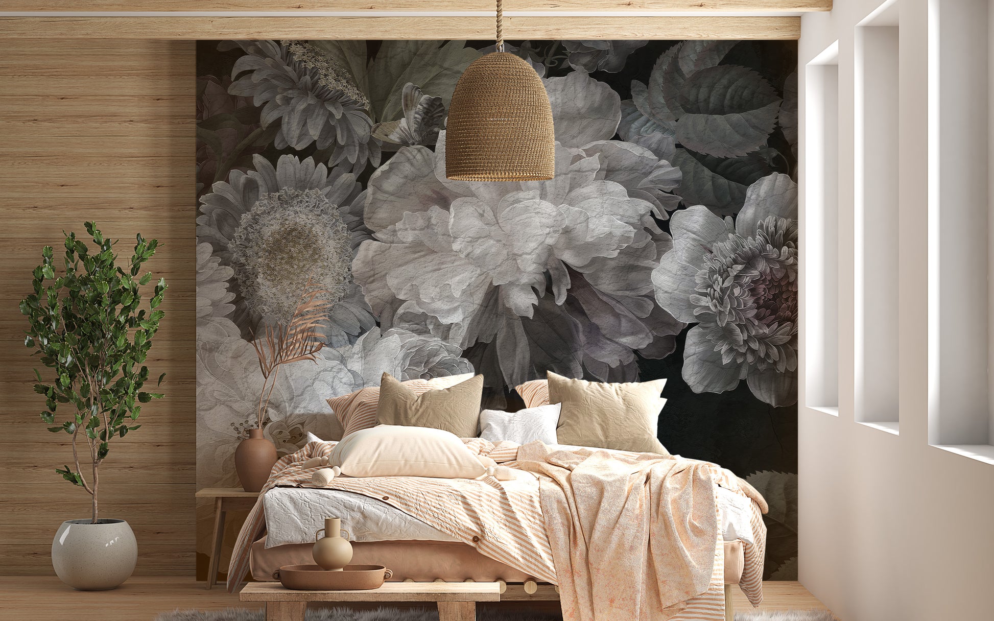 Timeless white floral mural with dark tones