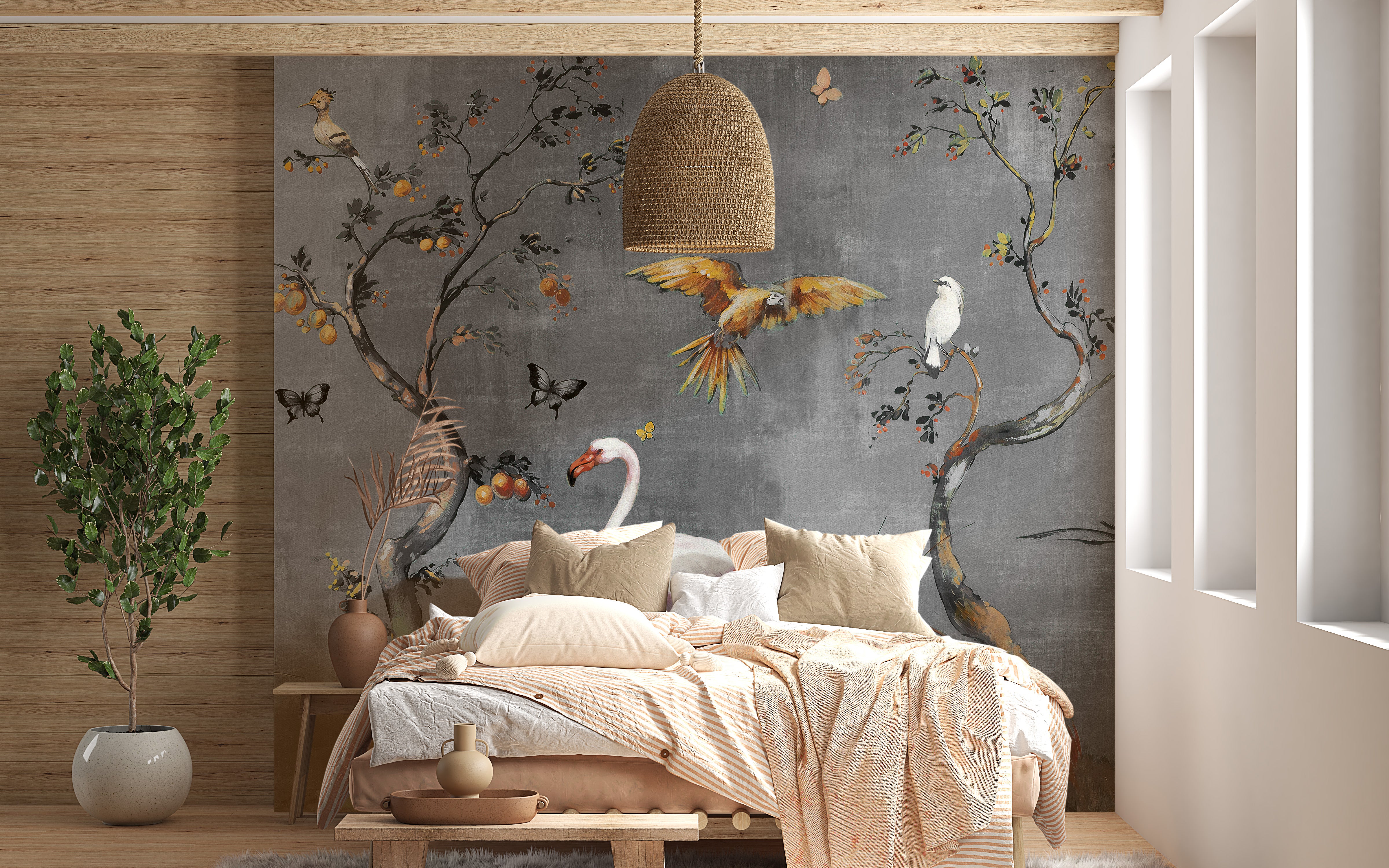 Tropical birds and trees watercolor mural.