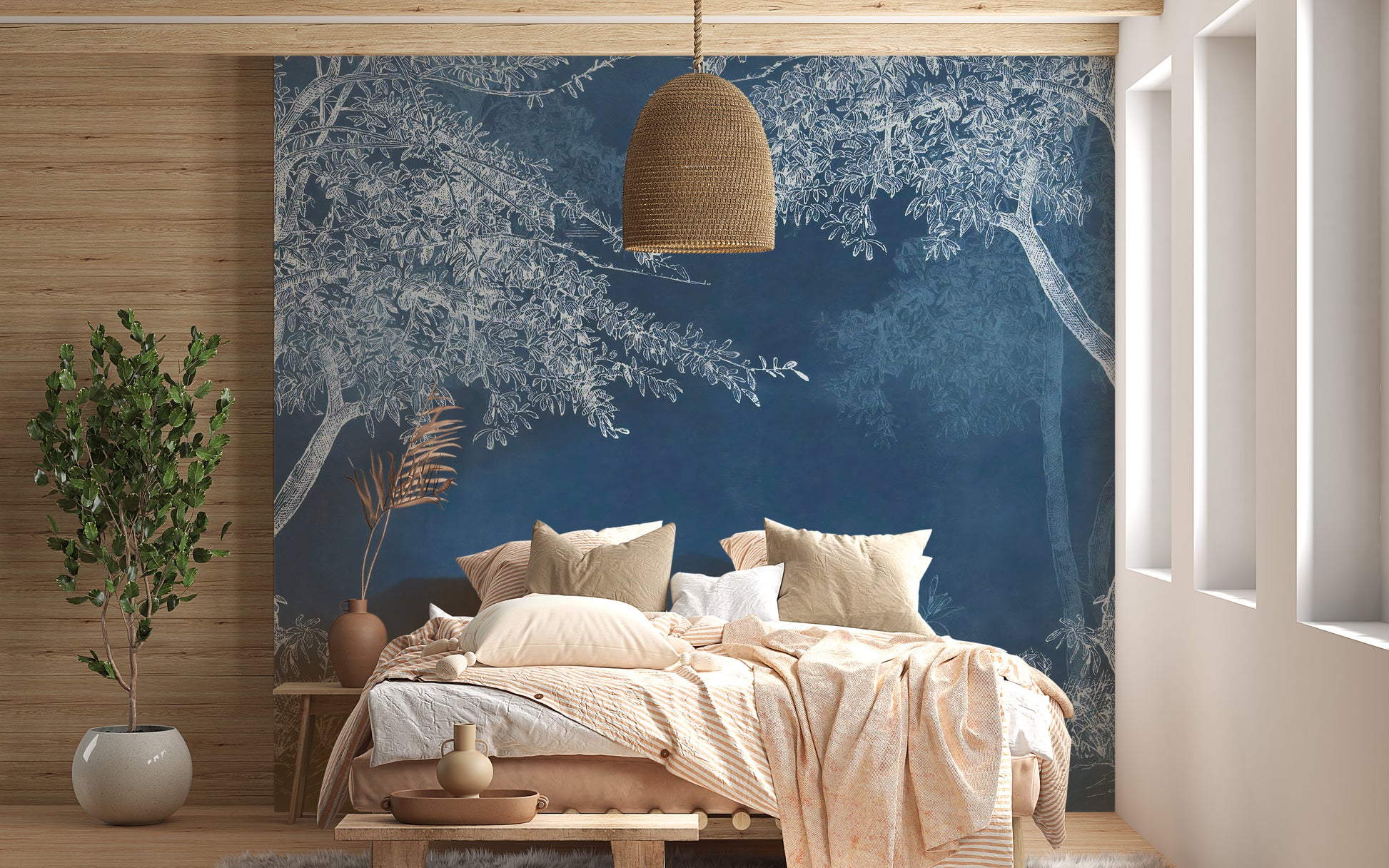 Elegant indigo forest wall mural for homes.



