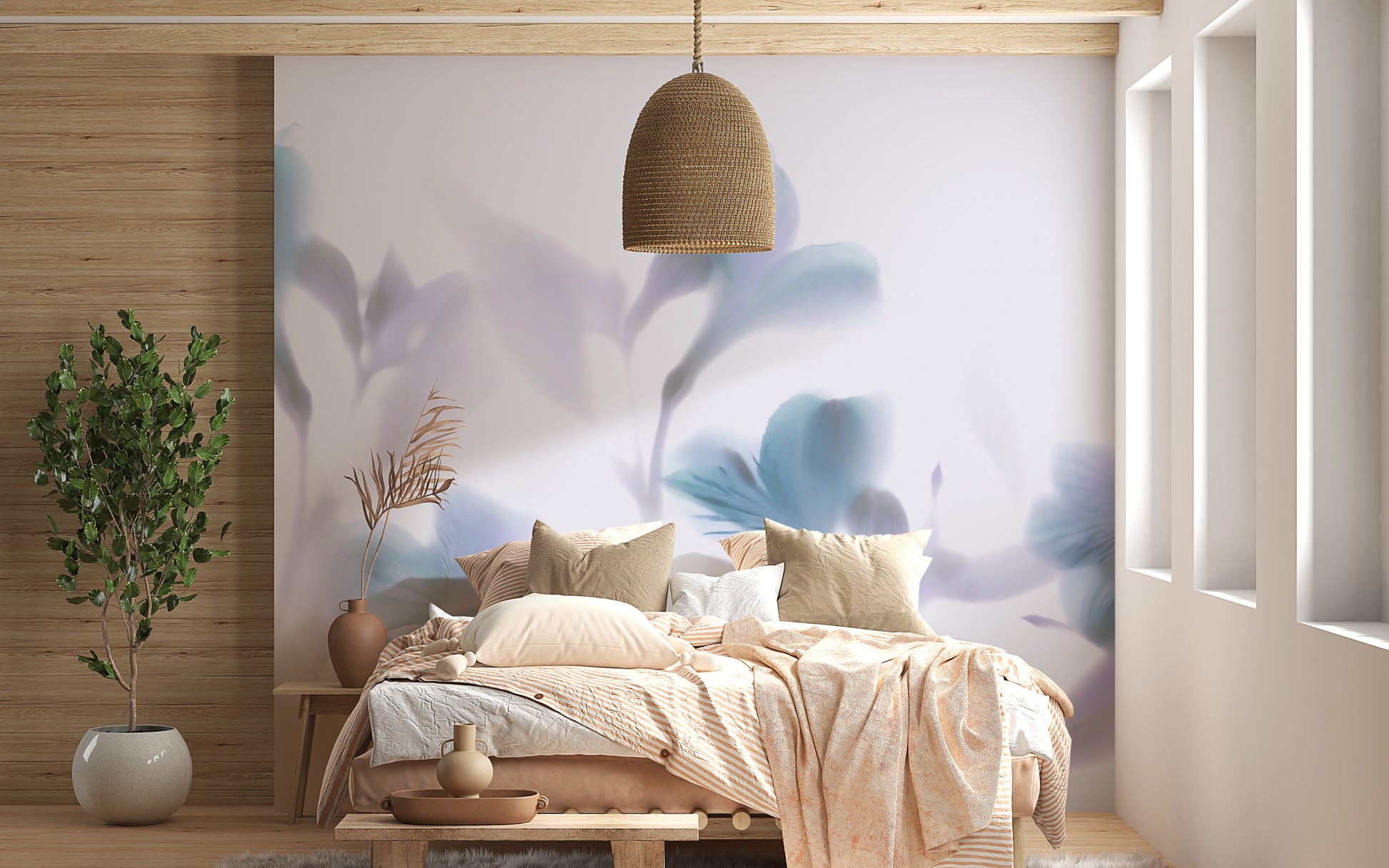 Orchid floral design in soft blue wallpaper.
