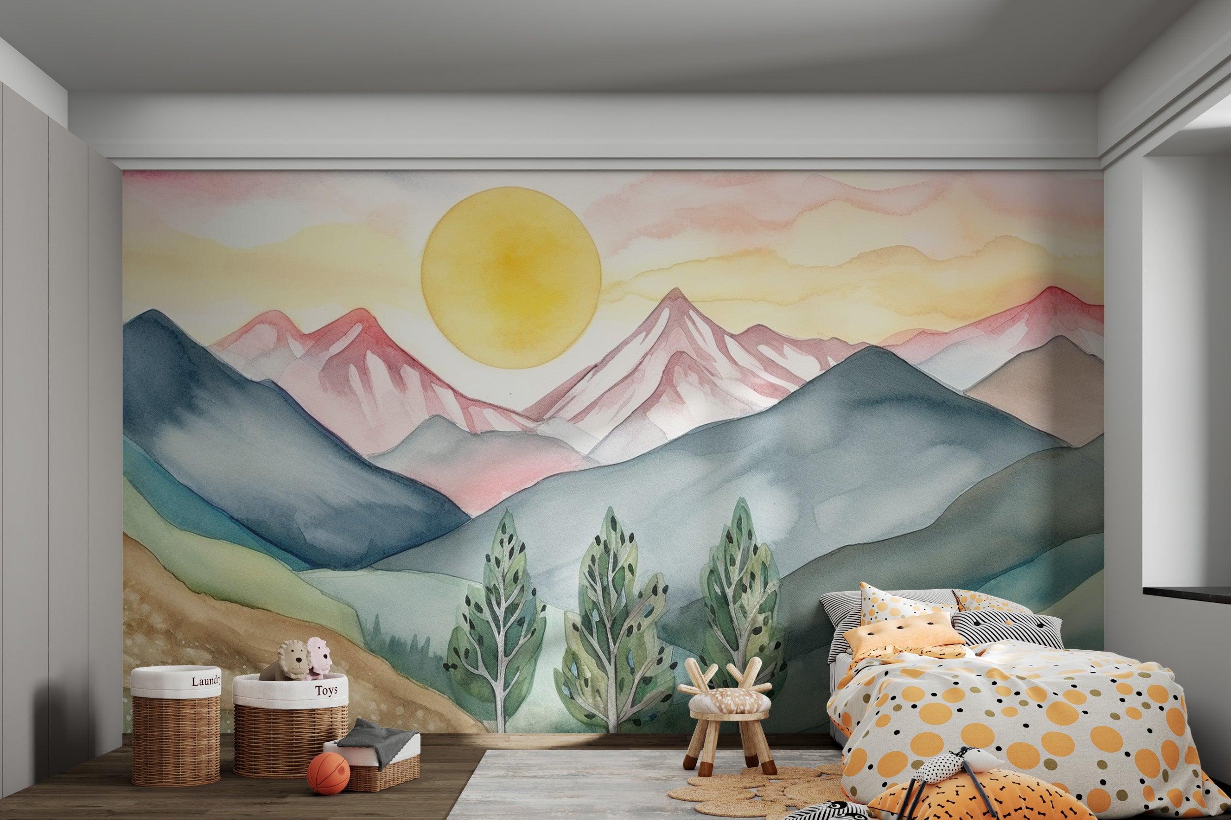 Cozy mountain landscape nursery décor
