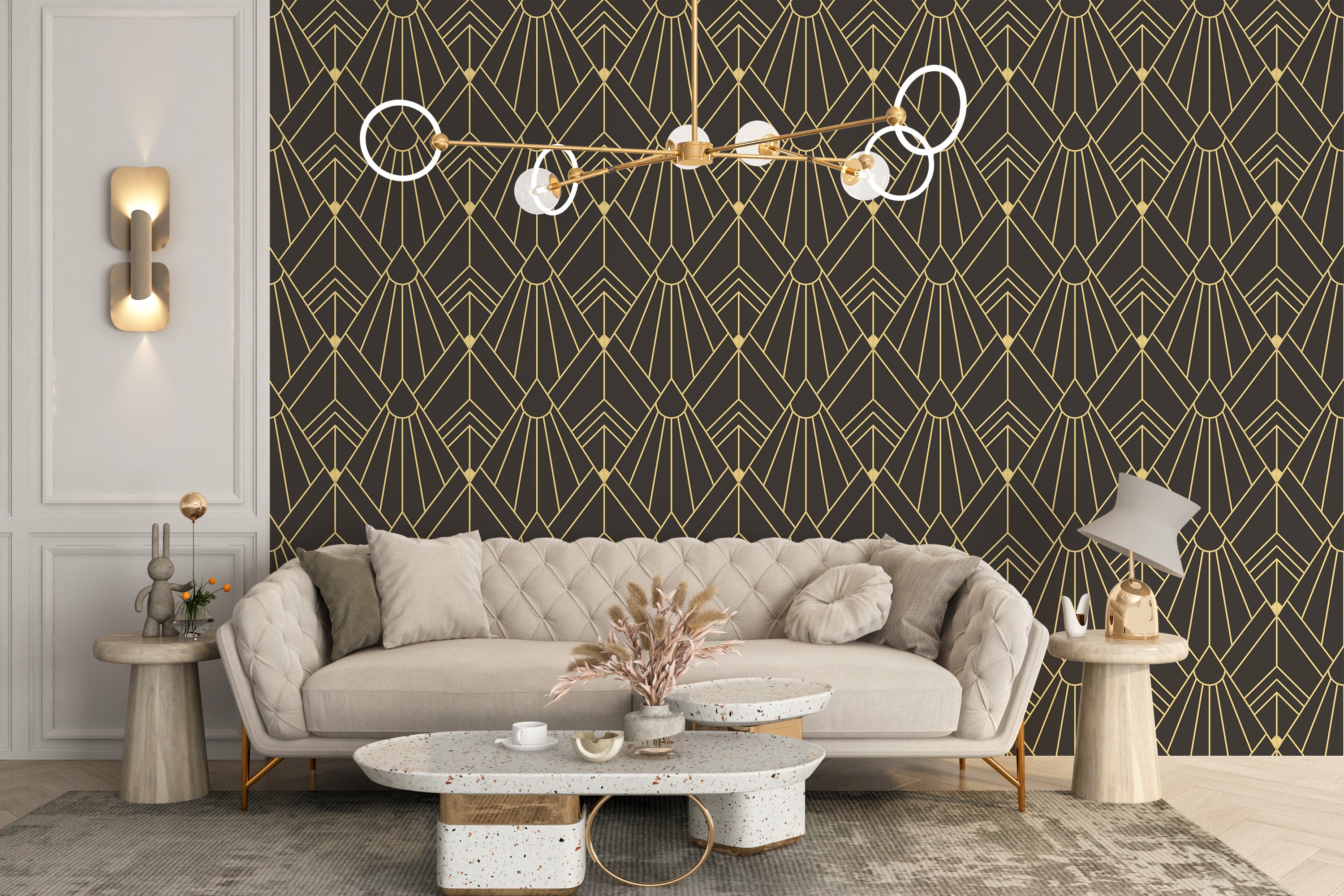 Black and gold geometric art wallpaper mural
