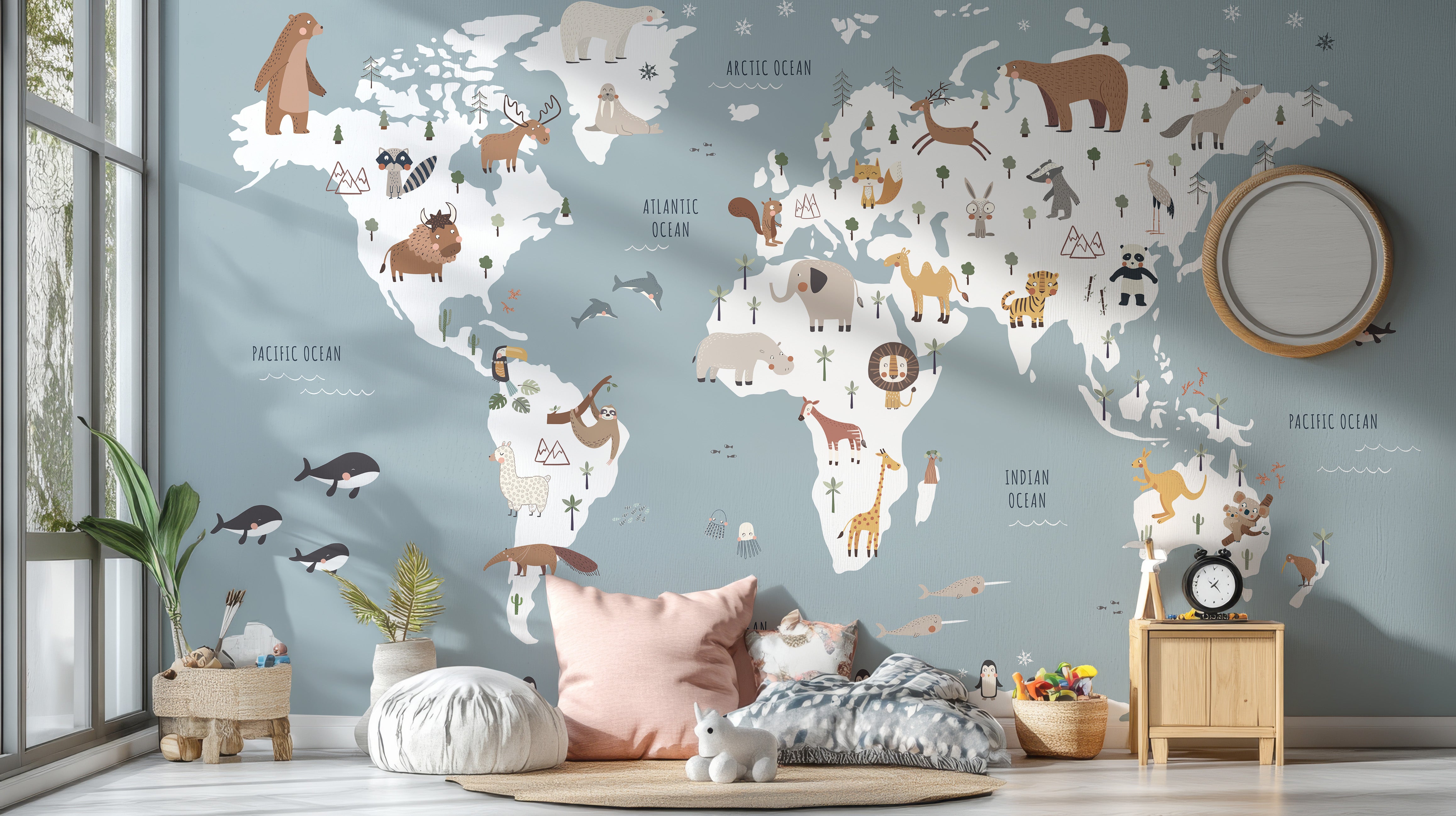 Decorative wall mural with animals and blue continents
