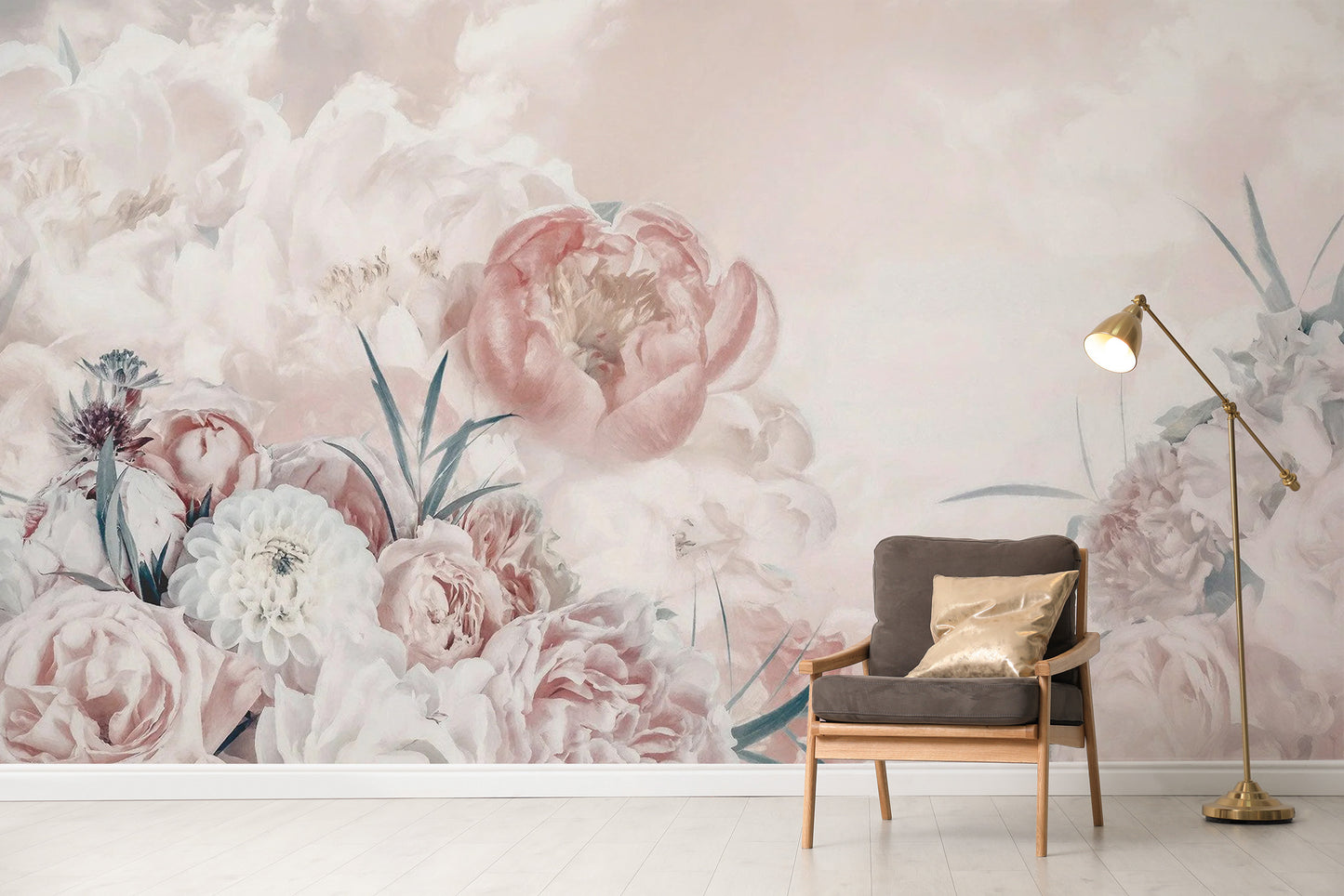 Delicate pink and white flower wallpaper for interiors
