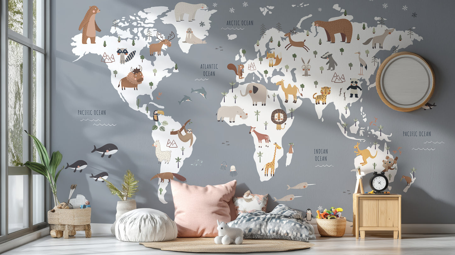 Kids' room decor with a fun and colorful world map mural