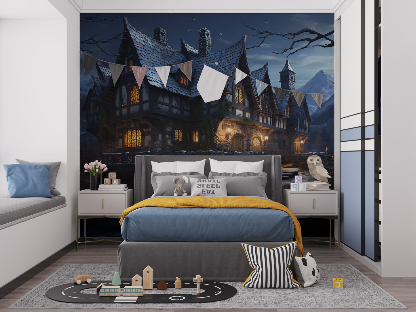 Eerie haunted cottage mural for spooky wall decor
