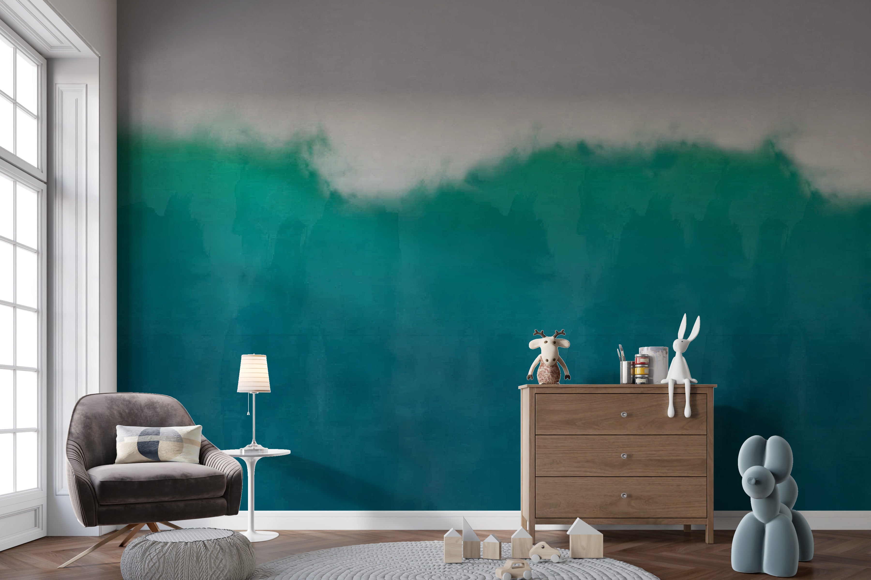 Watercolor beach wall mural with soft ocean hues and waves
