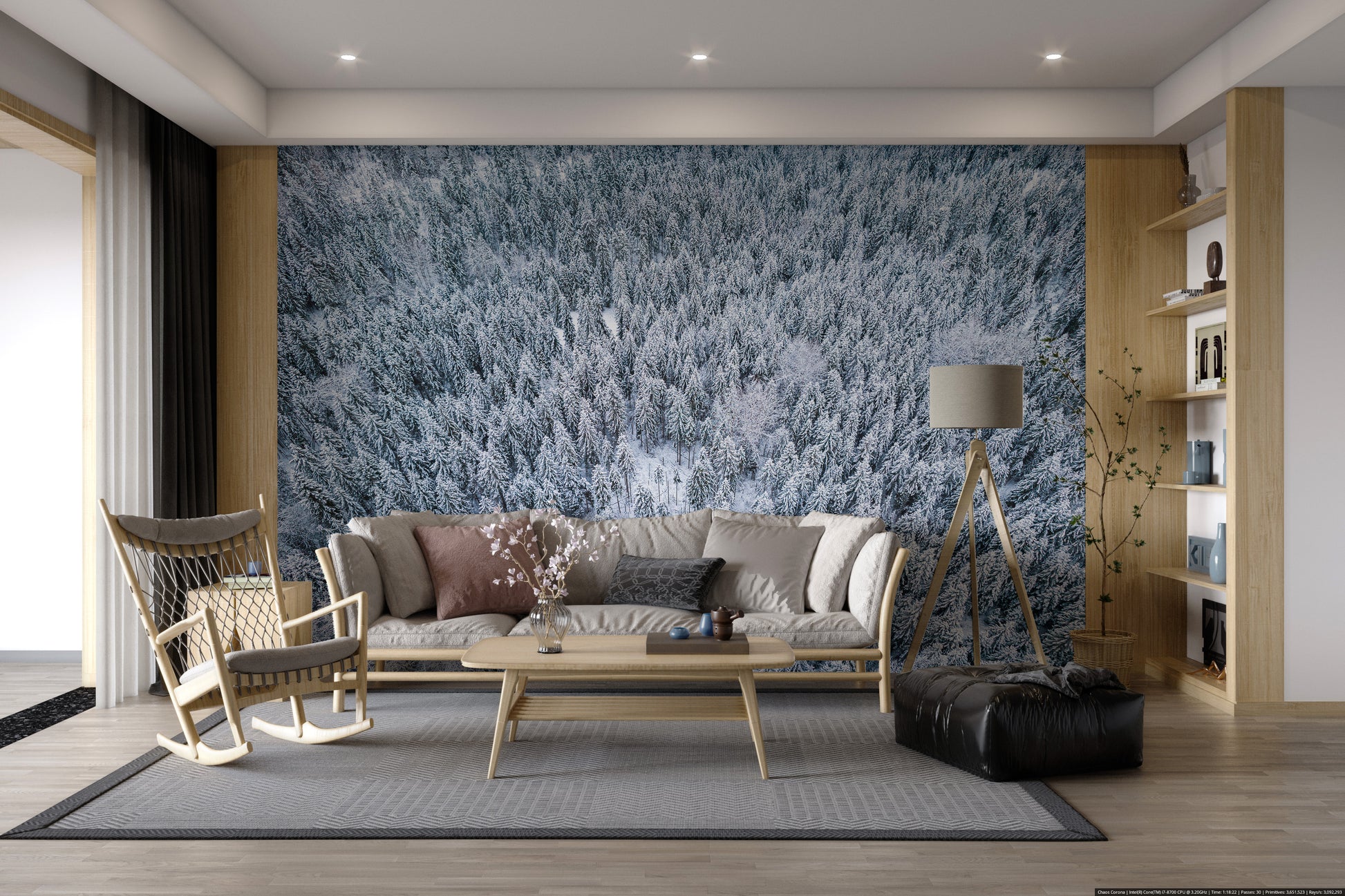 Serene winter forest landscape mural
