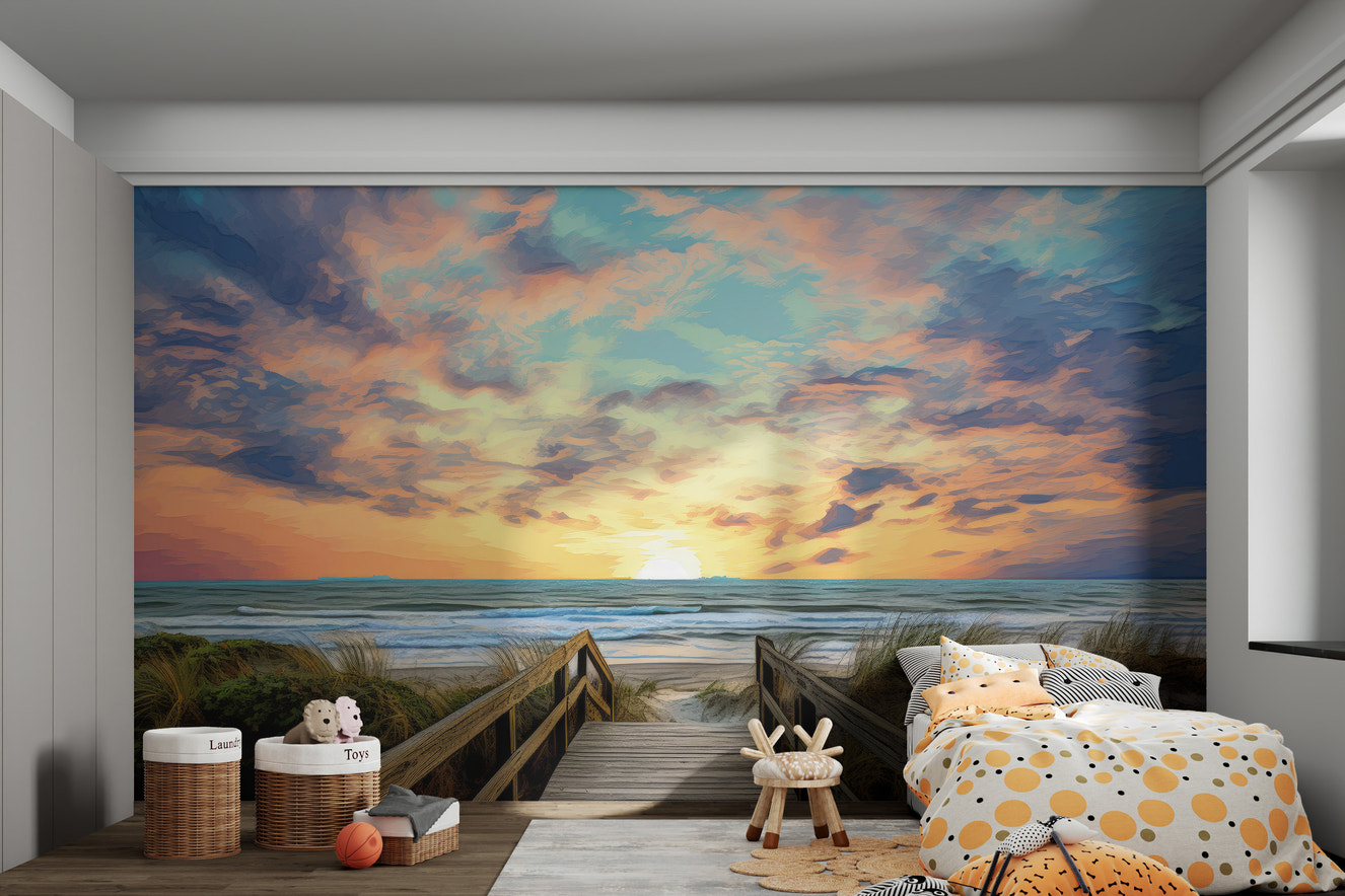 Beach sunset boardwalk wallpaper with golden hues