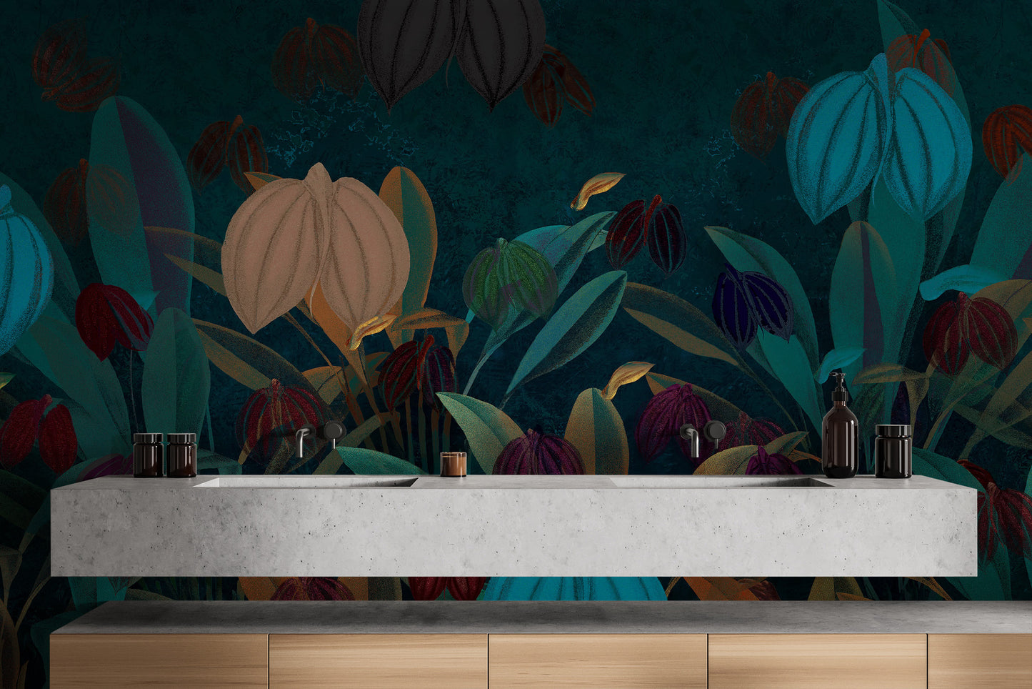 Gorgeous floral botanical mural with lush greenery.
