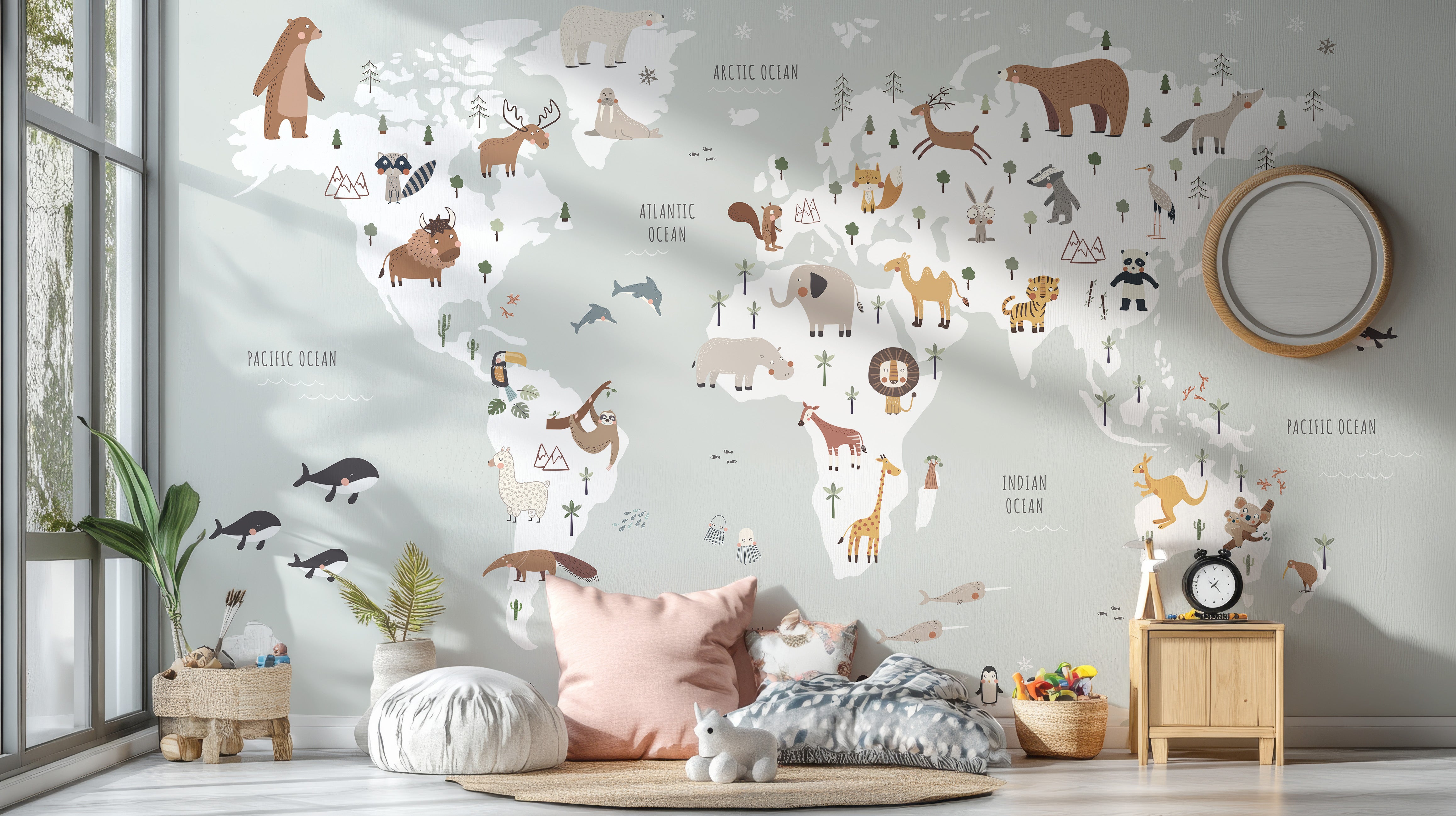 Wall mural showcasing a big world map with global wildlife
