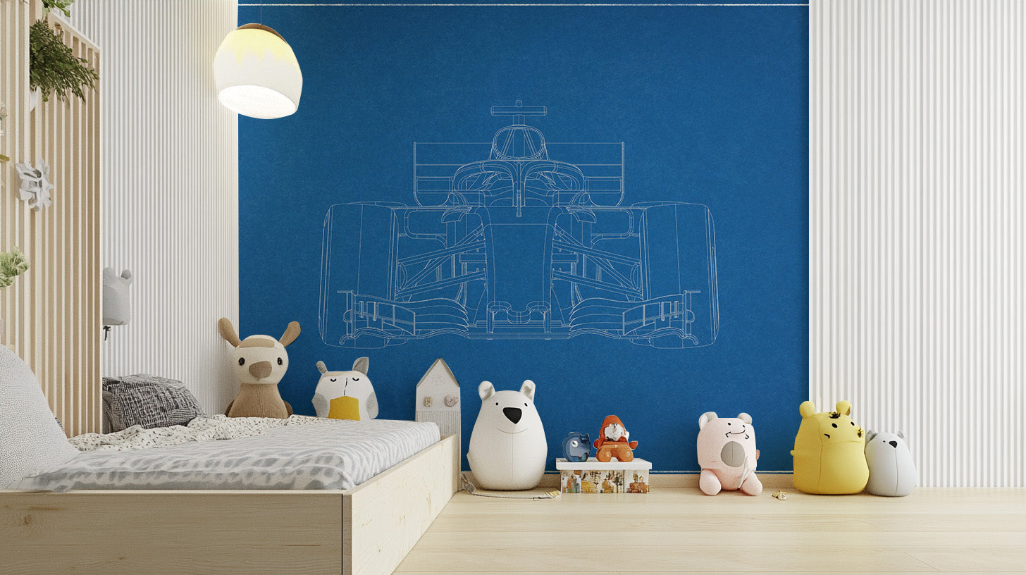 F1 car design blueprint mural for walls
