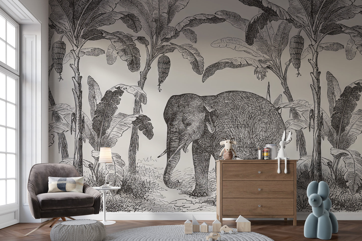 Sketchy elephant wallpaper mural with artistic line drawings
