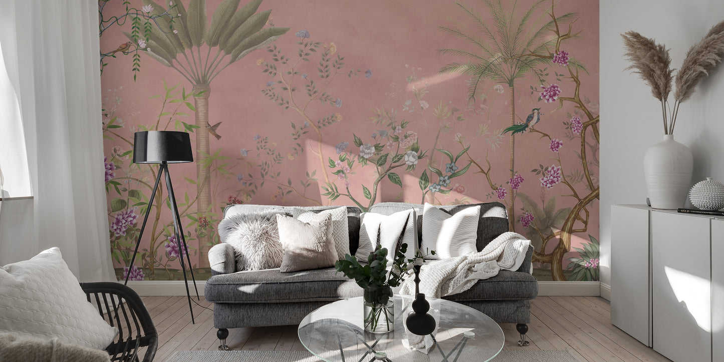 Artistic pink tropical chinoiserie wallpaper for interiors
