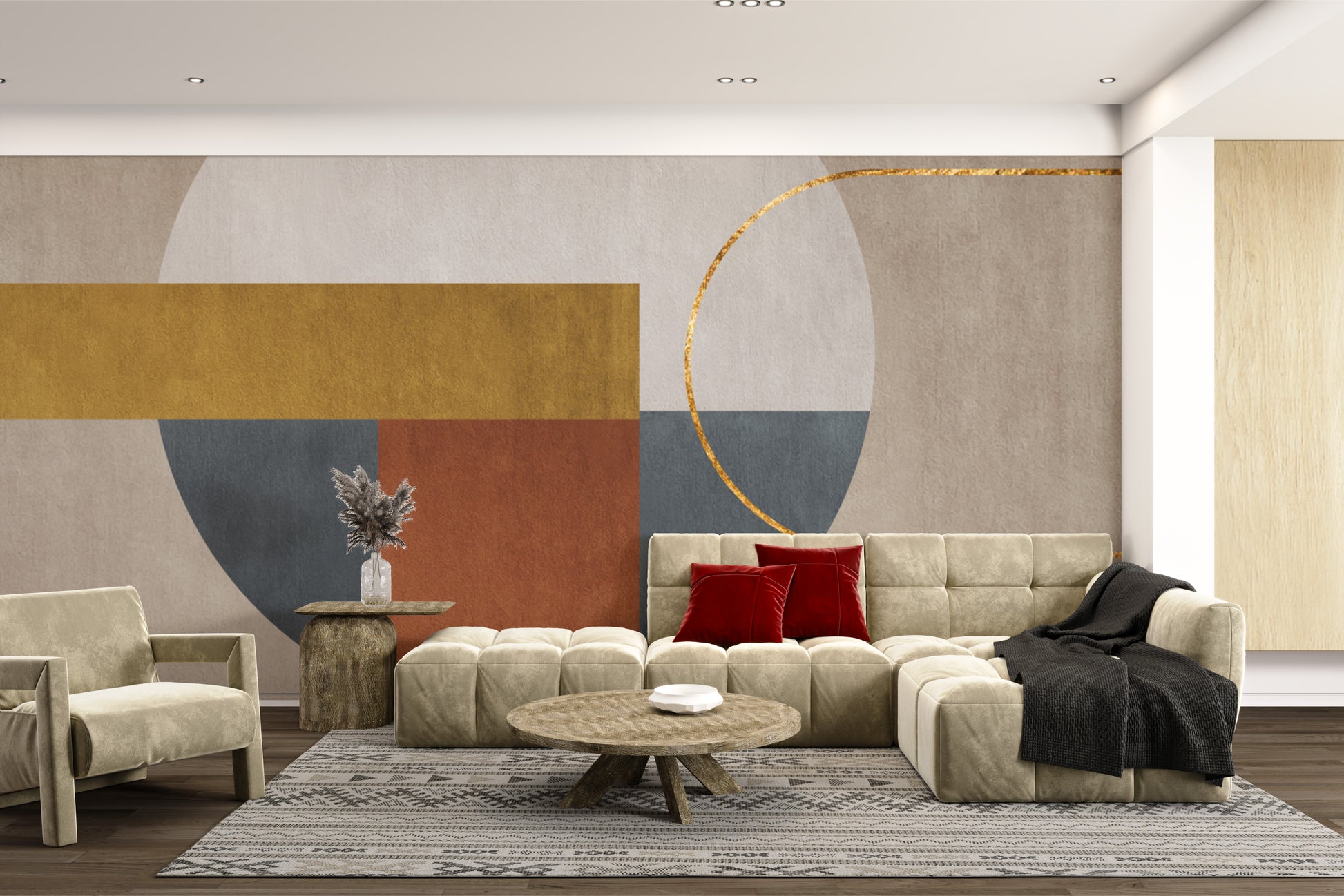 Artistic wall mural with refined gold accent elements