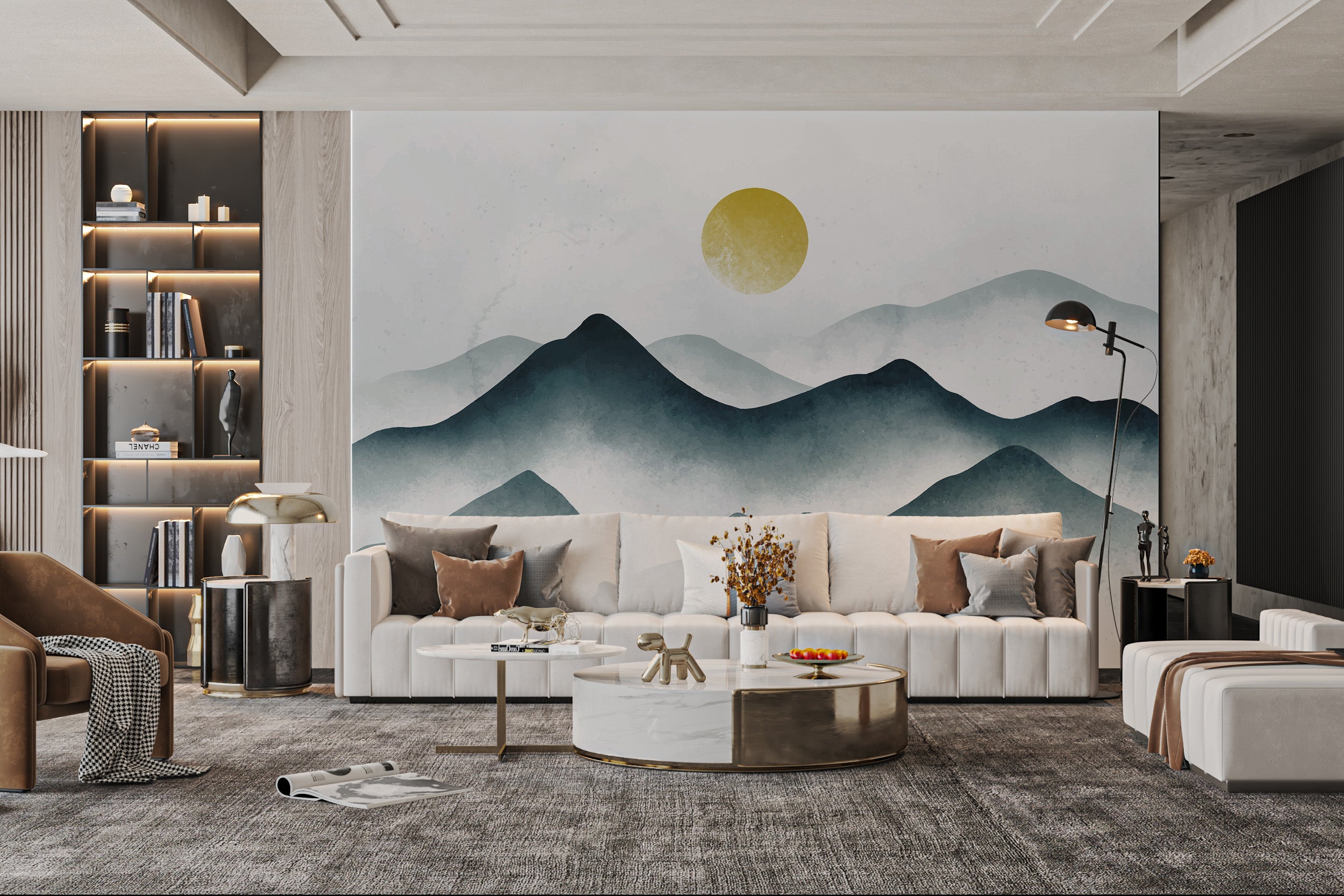 Modern watercolor mountain mural with soft misty layers
