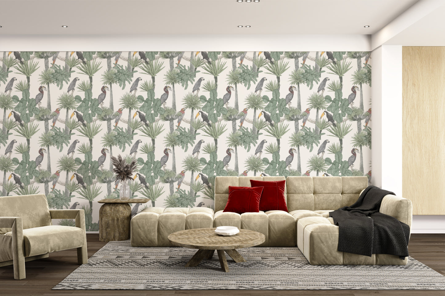 Tropical-themed wall mural featuring toucan illustrations