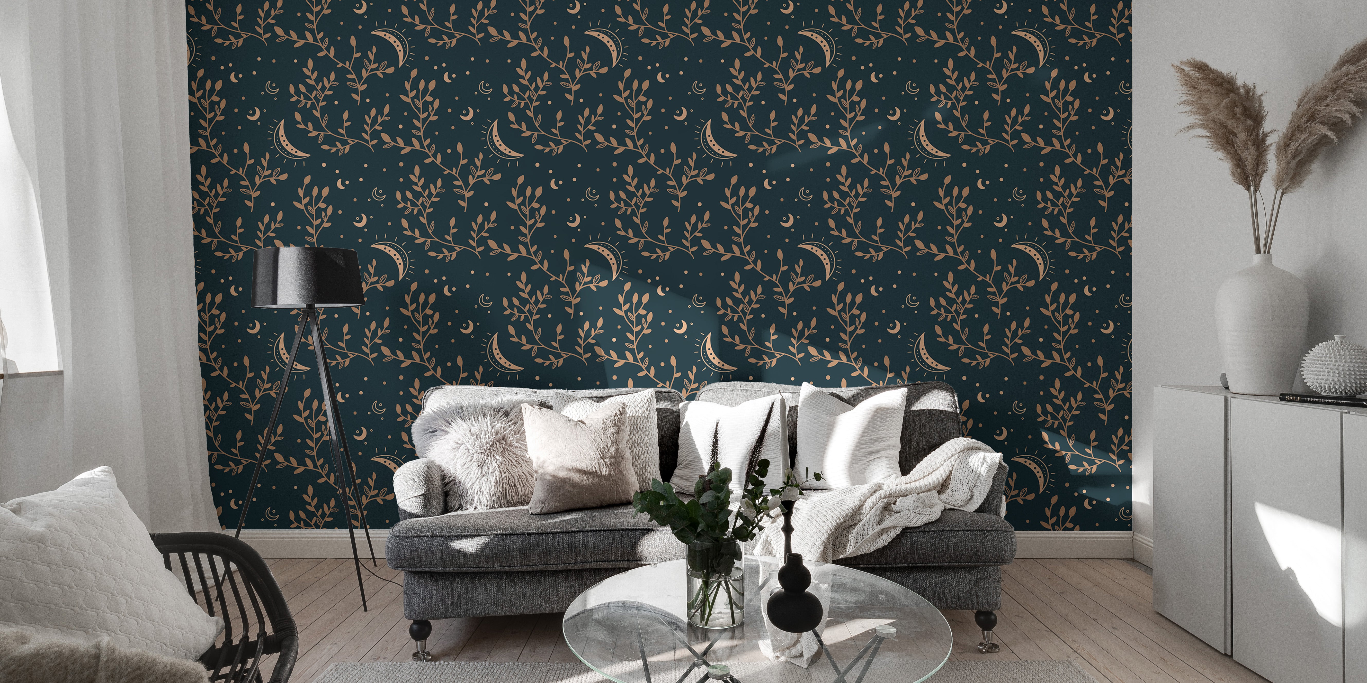 Sophisticated crescent moon floral design wallpaper.