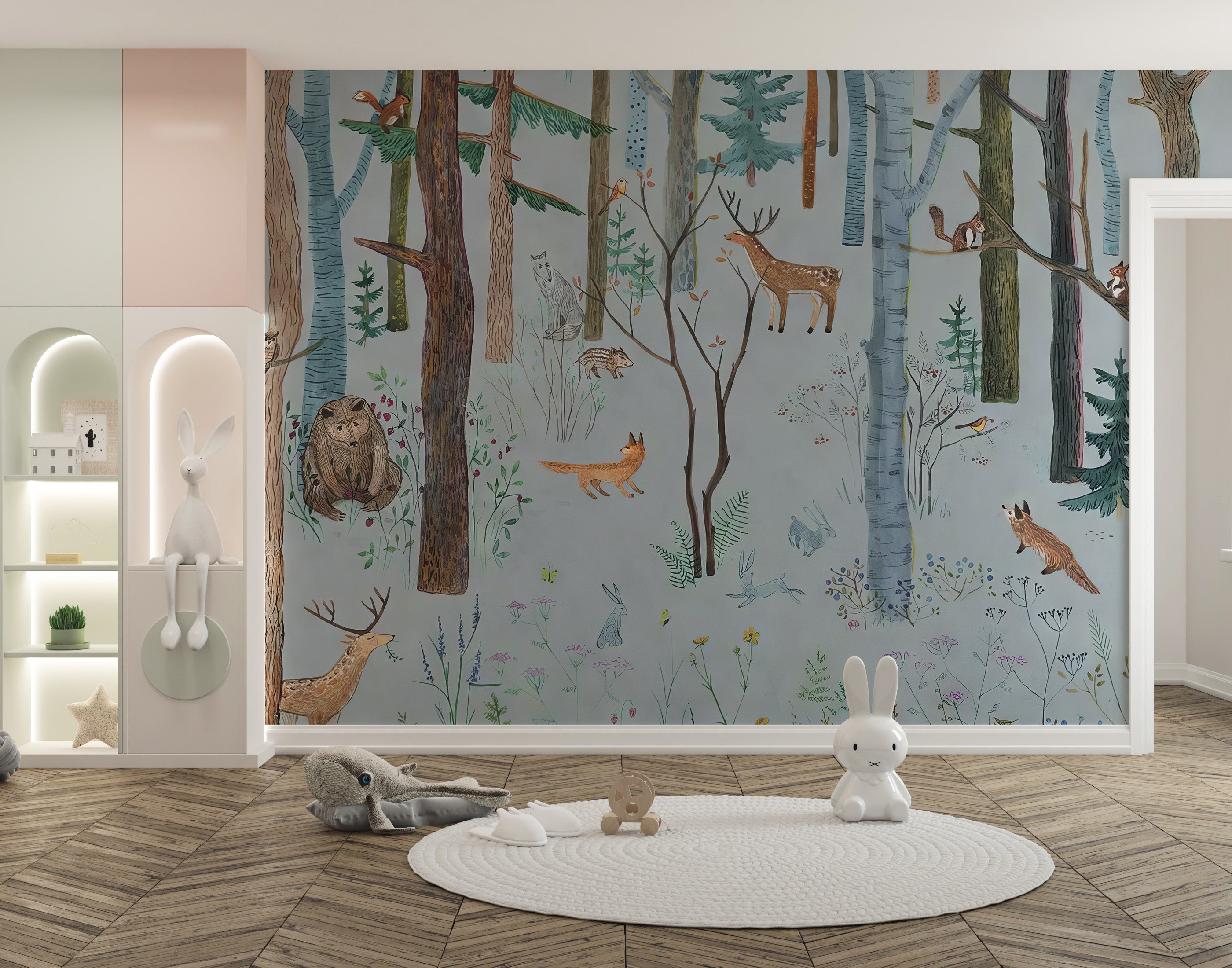 Self-adhesive woodland wildlife mural for charming interiors