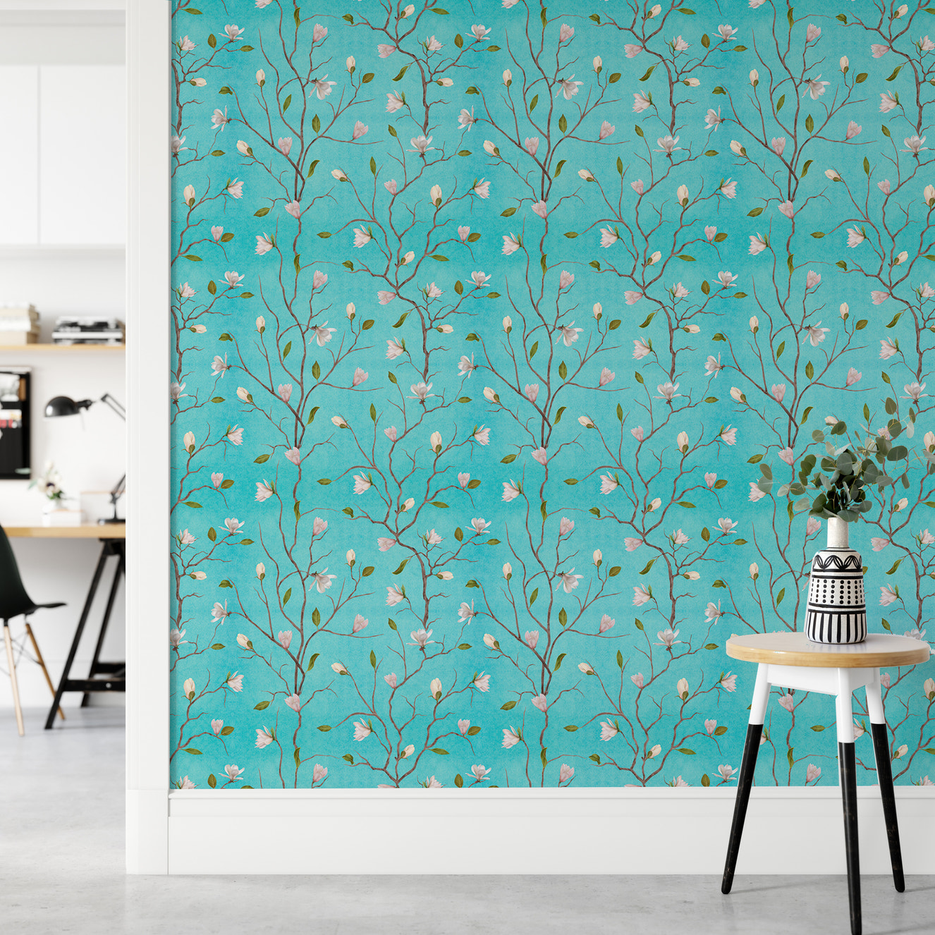 Turquoise Background Chinoiserie Magnolia Tree Flower Wallpaper