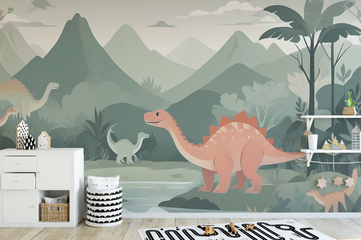 Dinosaur world wall mural for adventurous kids' spaces
