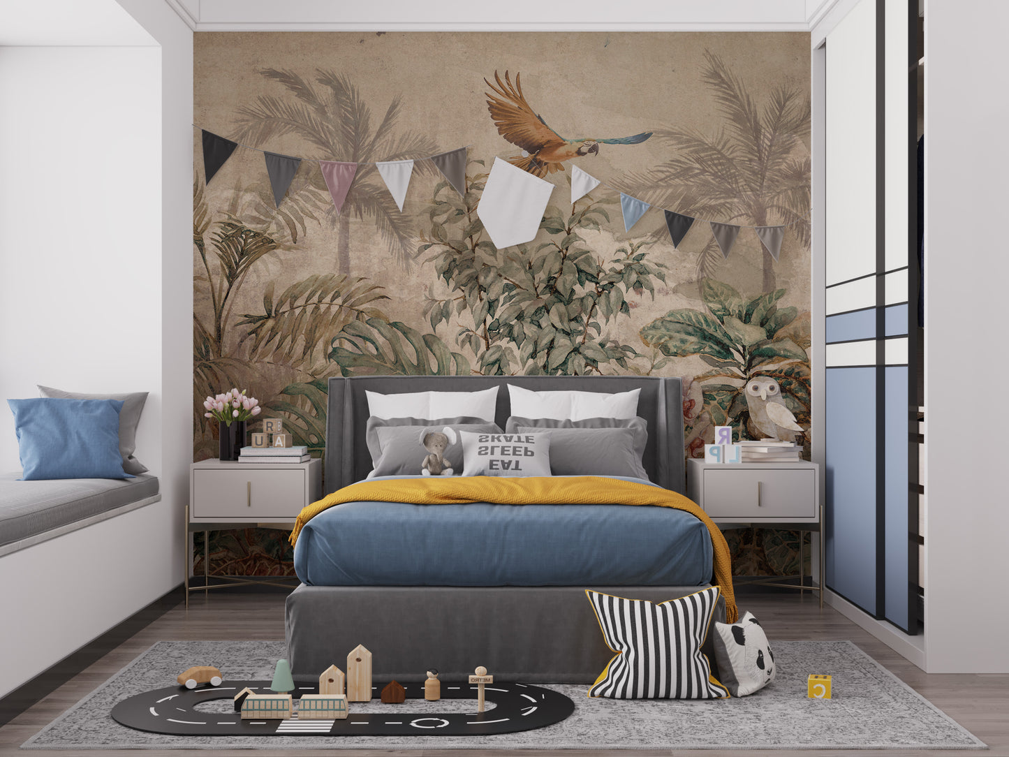 Exotic tropical plants and parrot wall mural.
