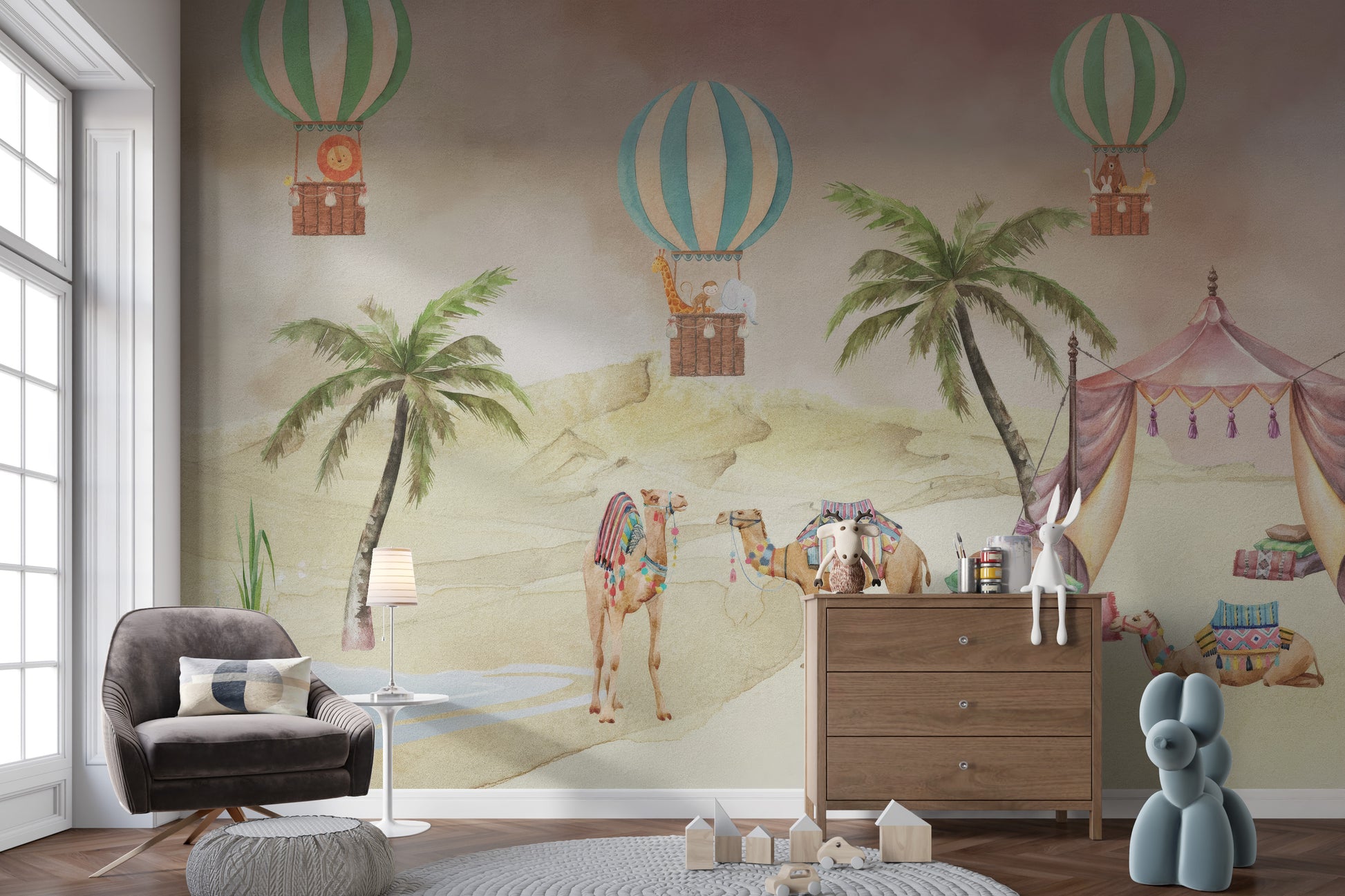 Dessert nursery wallpaper mural with sweet treats and pastel colors
