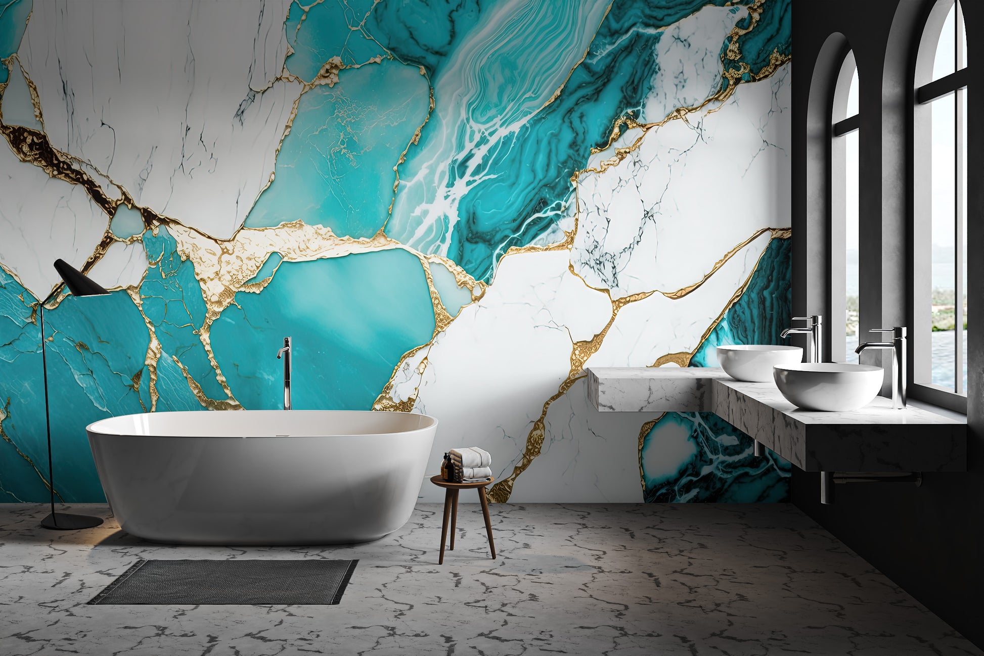 Turquoise gold marble wallpaper with abstract veining
