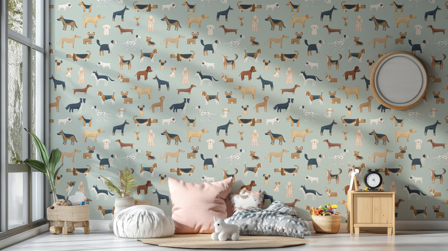 Mint green-themed wallpaper with illustrations of dog breeds
