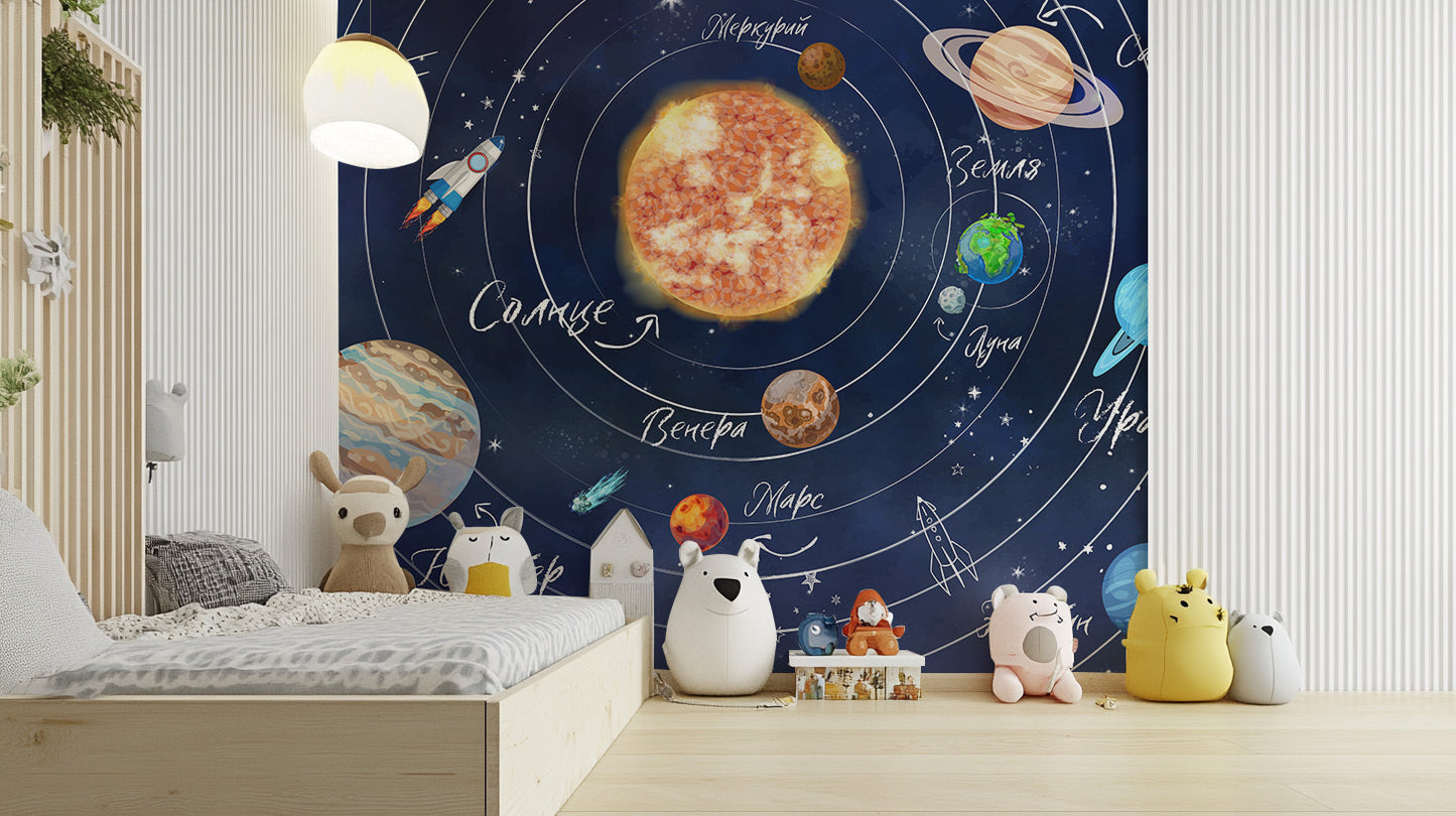 Outer space exploration themed wall mural.
