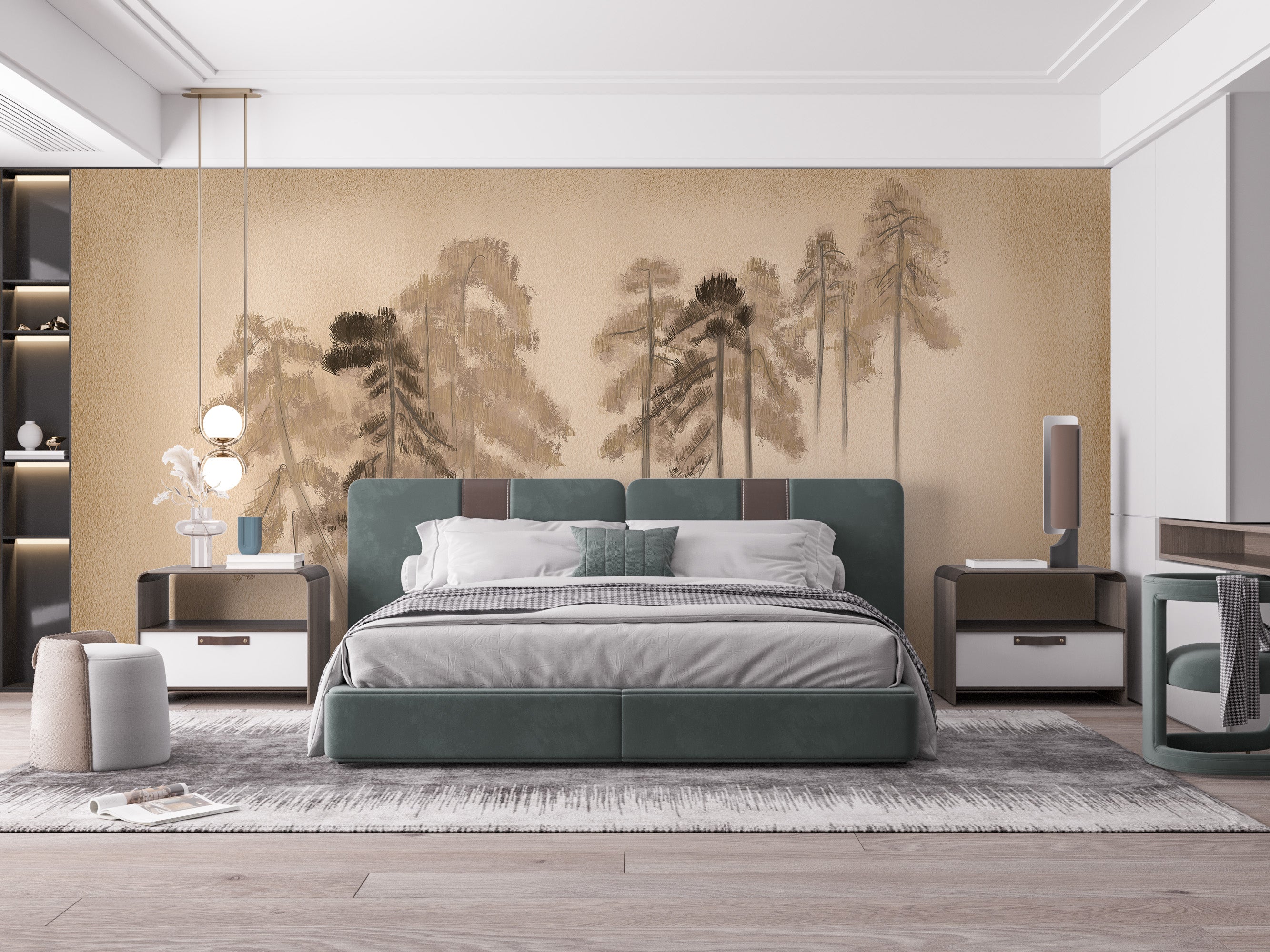 Lush pine grove mural for peaceful ambiance
